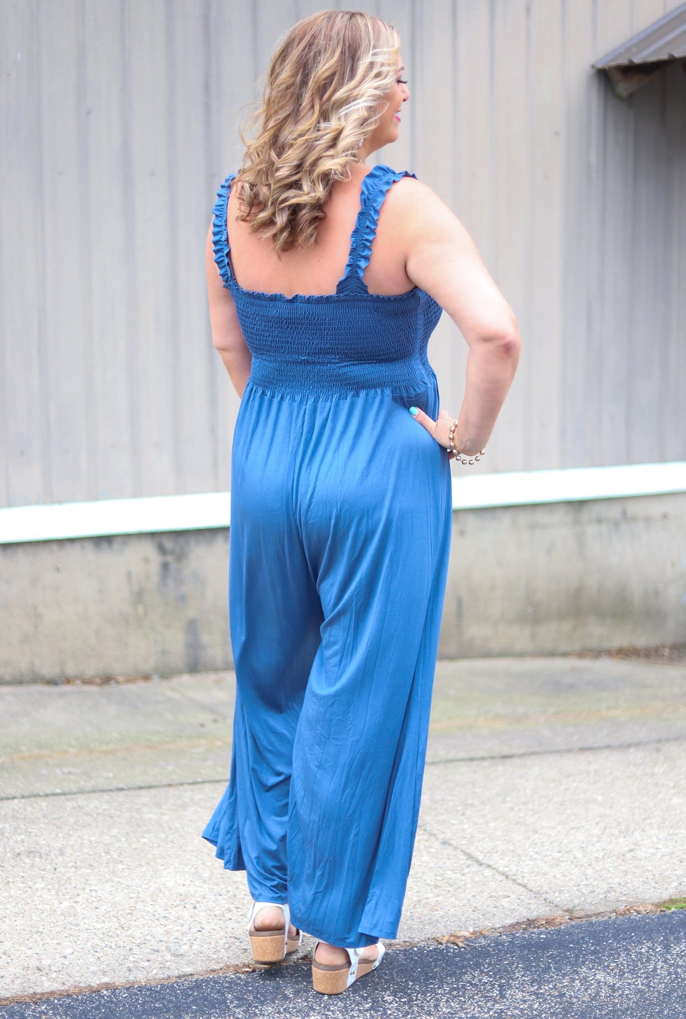 Denim Blue Smocked Jumpsuit
