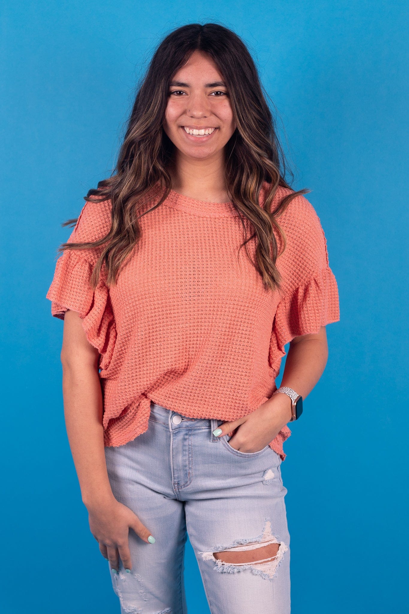 Papaya Waffle Knit Flutter Sleeve Top