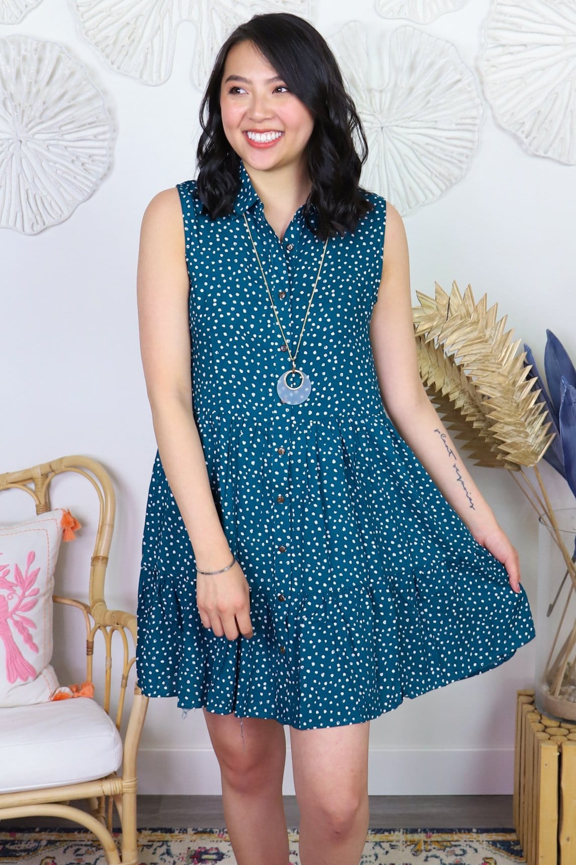 Pacific Teal Dotted Callie Sleeveless Dress