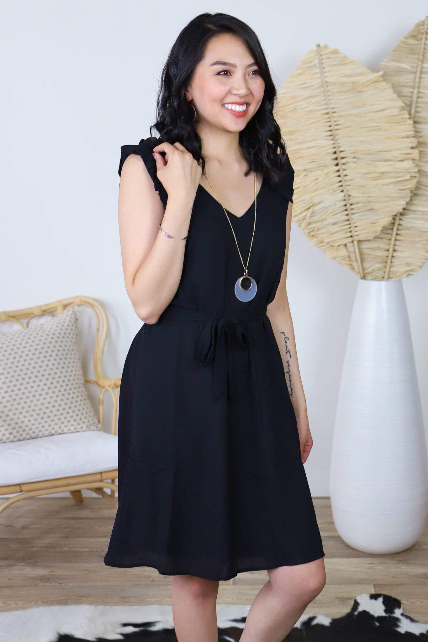Ruffle Shoulder Belted Shift Dress