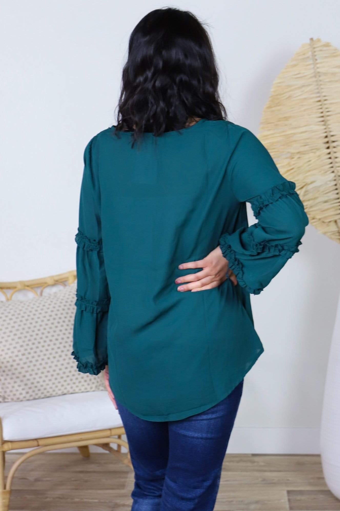 green ruffle sleeve blouse