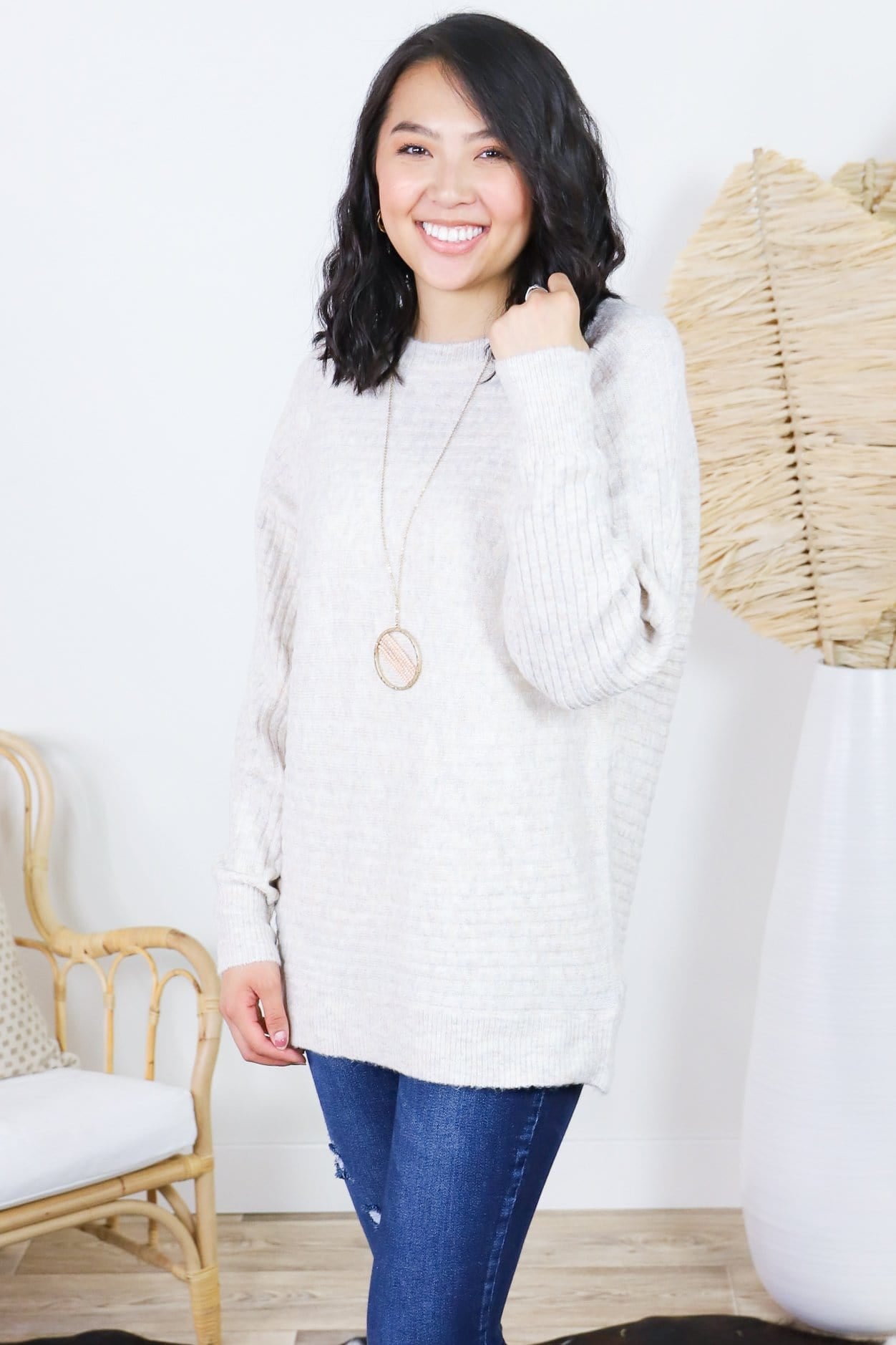 Ribbed Dolman Sleeve Crew Sweater