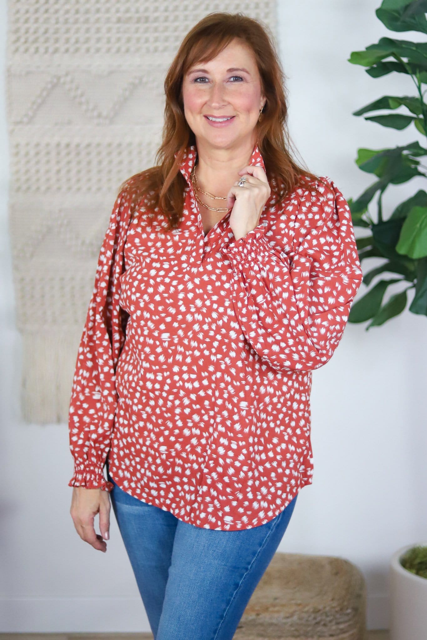 red and white spotted collared top