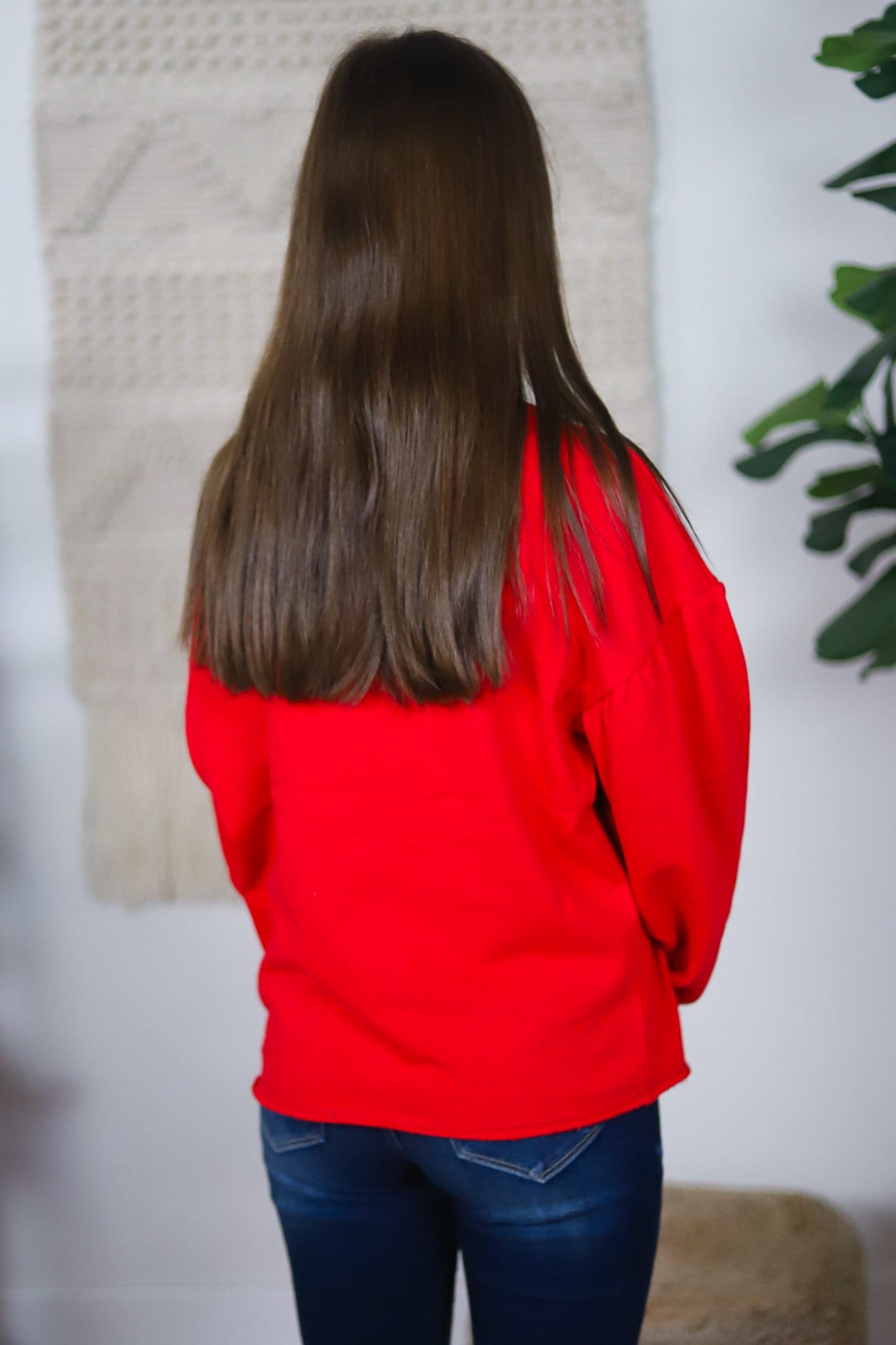 red sweatshirt puffed sleeves back