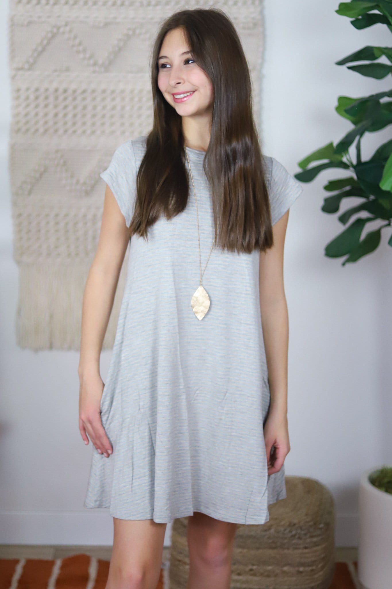 grey and tan off white striped dress