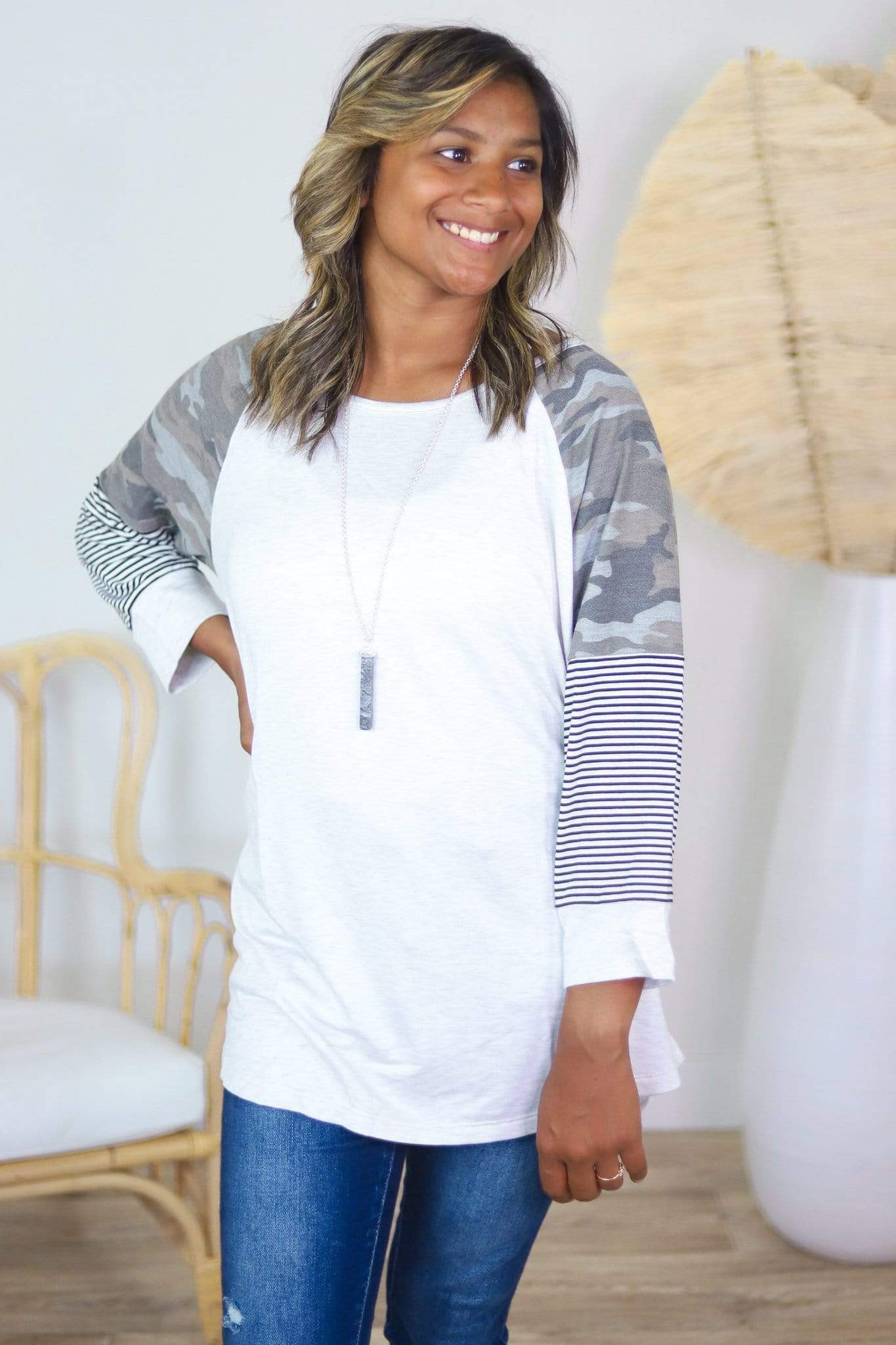camo and stripe sleeve top