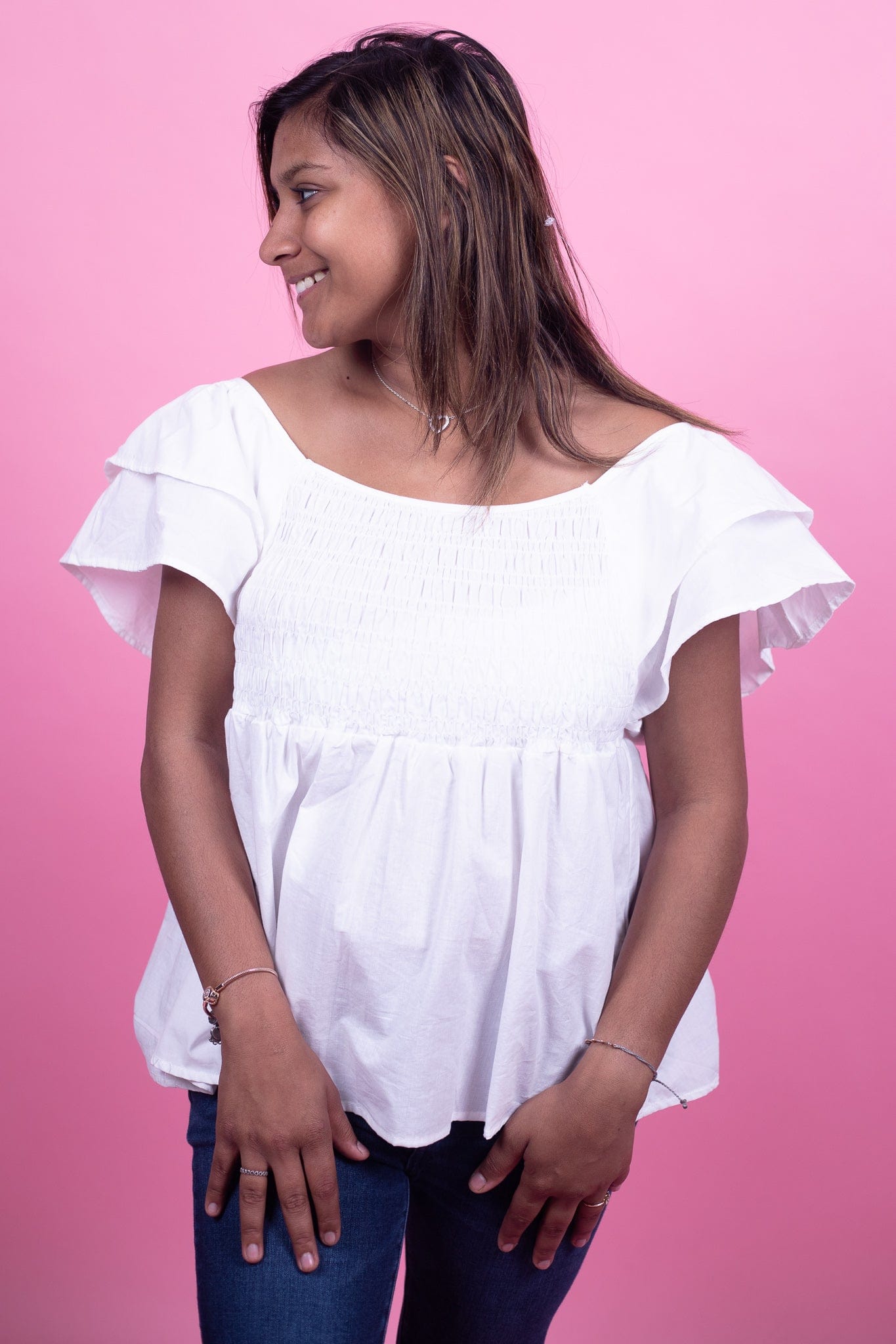 White Smocked Flutter Sleeve Top