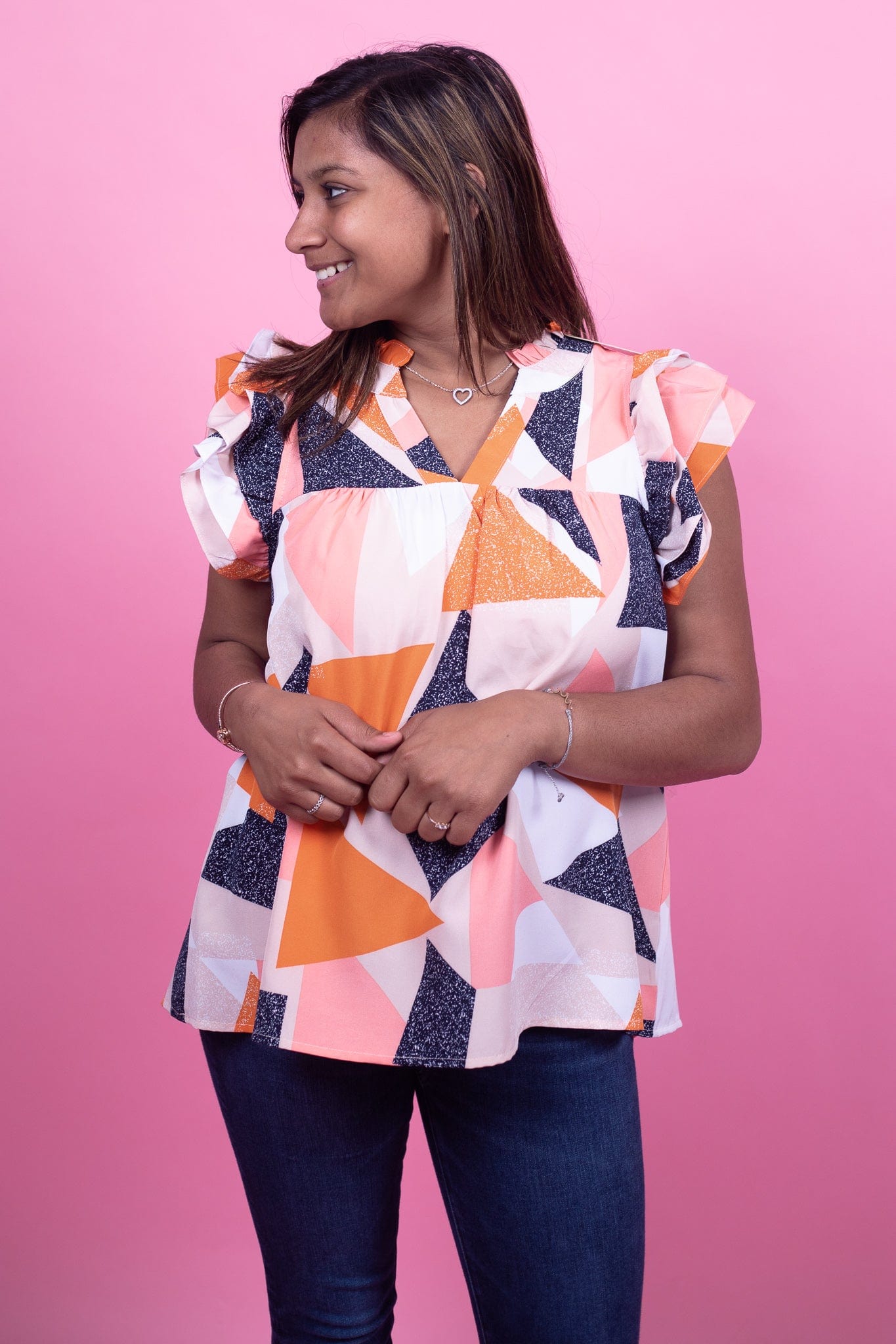 Geo Mix Flutter Sleeve Blouse