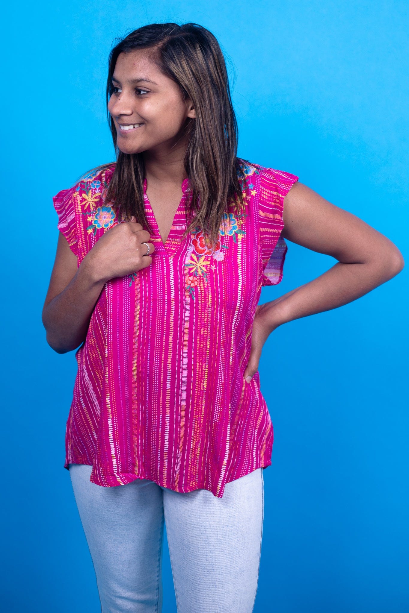 Magenta Floral Embroidered Flutter Sleeve Top
