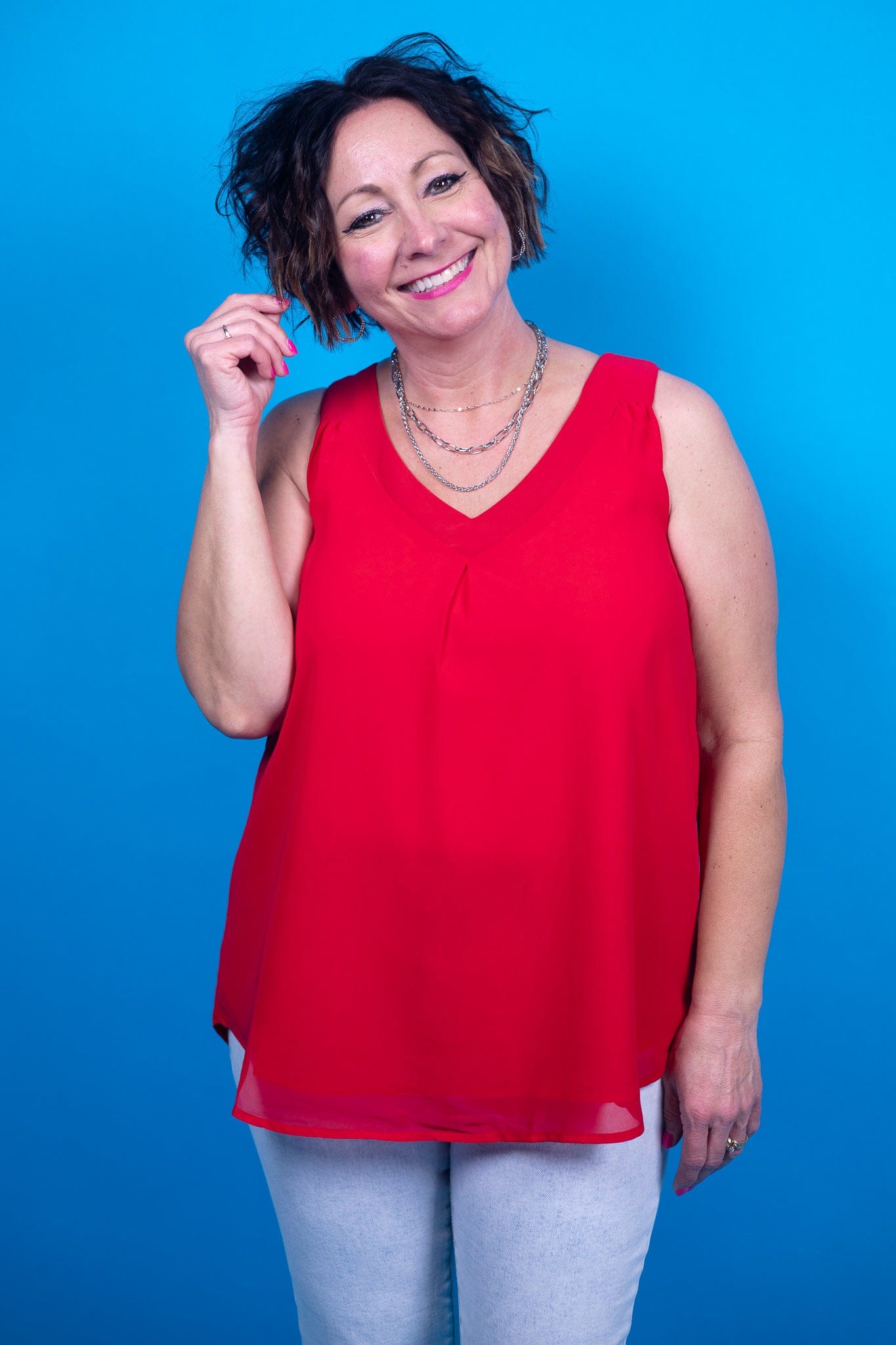 Red Double Layer Chiffon Tank Blouse