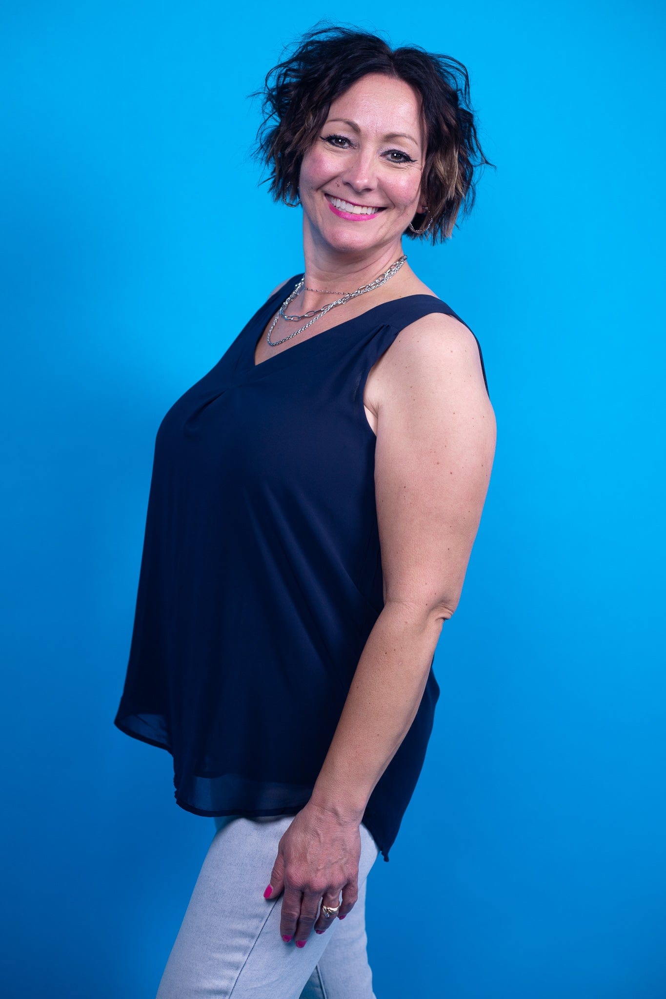 Navy Double Layer Chiffon Tank Blouse
