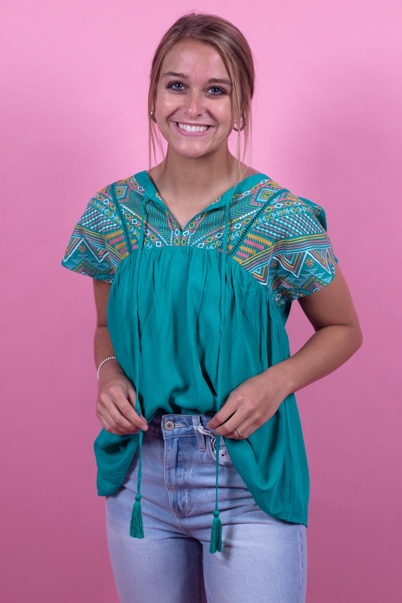 Emerald Embroidered Tassel Blouse