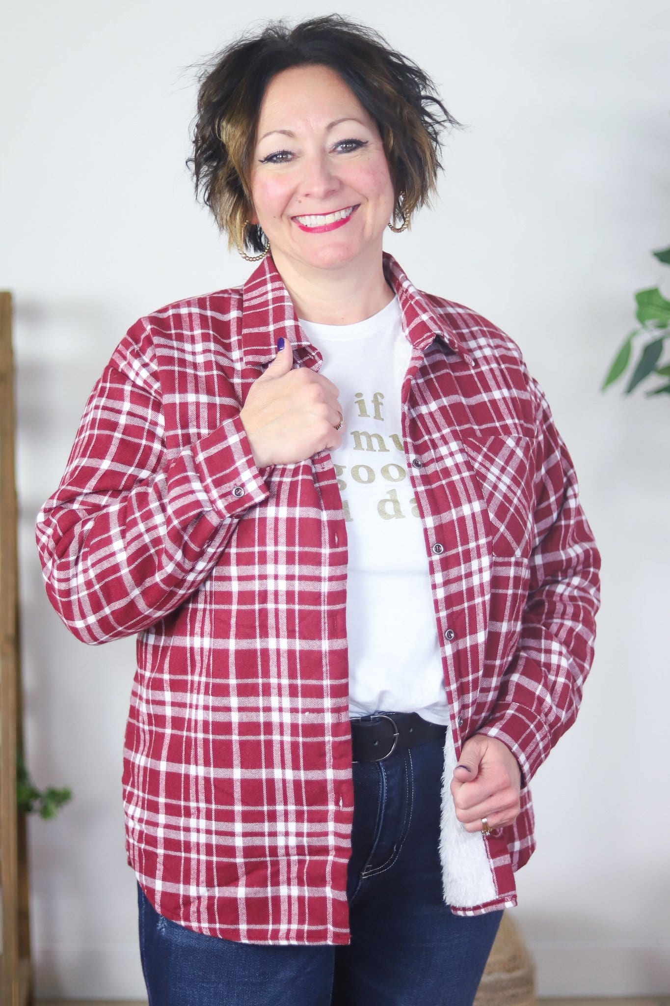 Lined shacket red holiday pattern