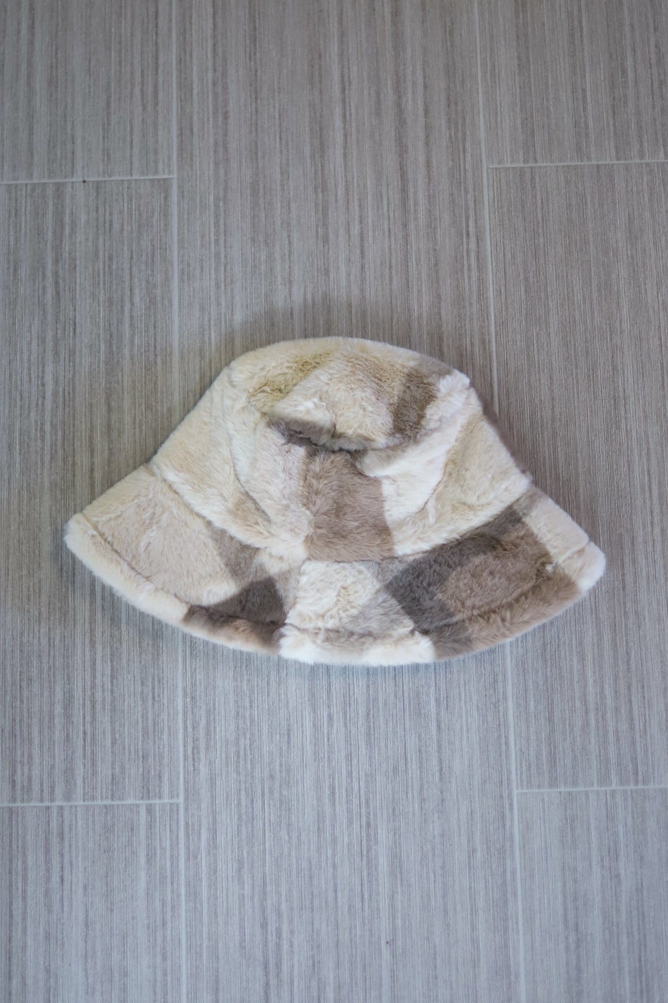 grey plaid tan fur hat
