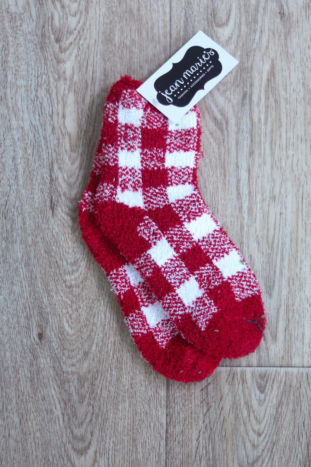 red and white fuzzy plaid sock