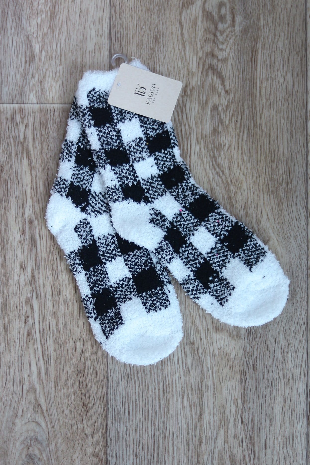 black and white fuzzy plaid sock