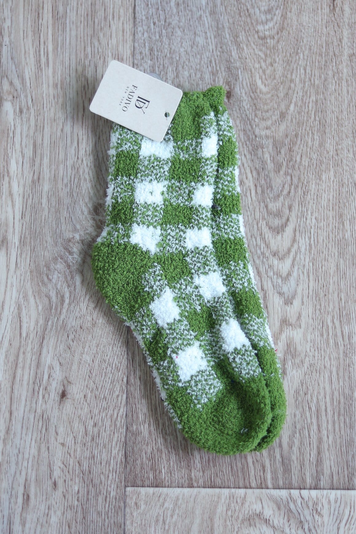 green and white fuzzy plaid sock