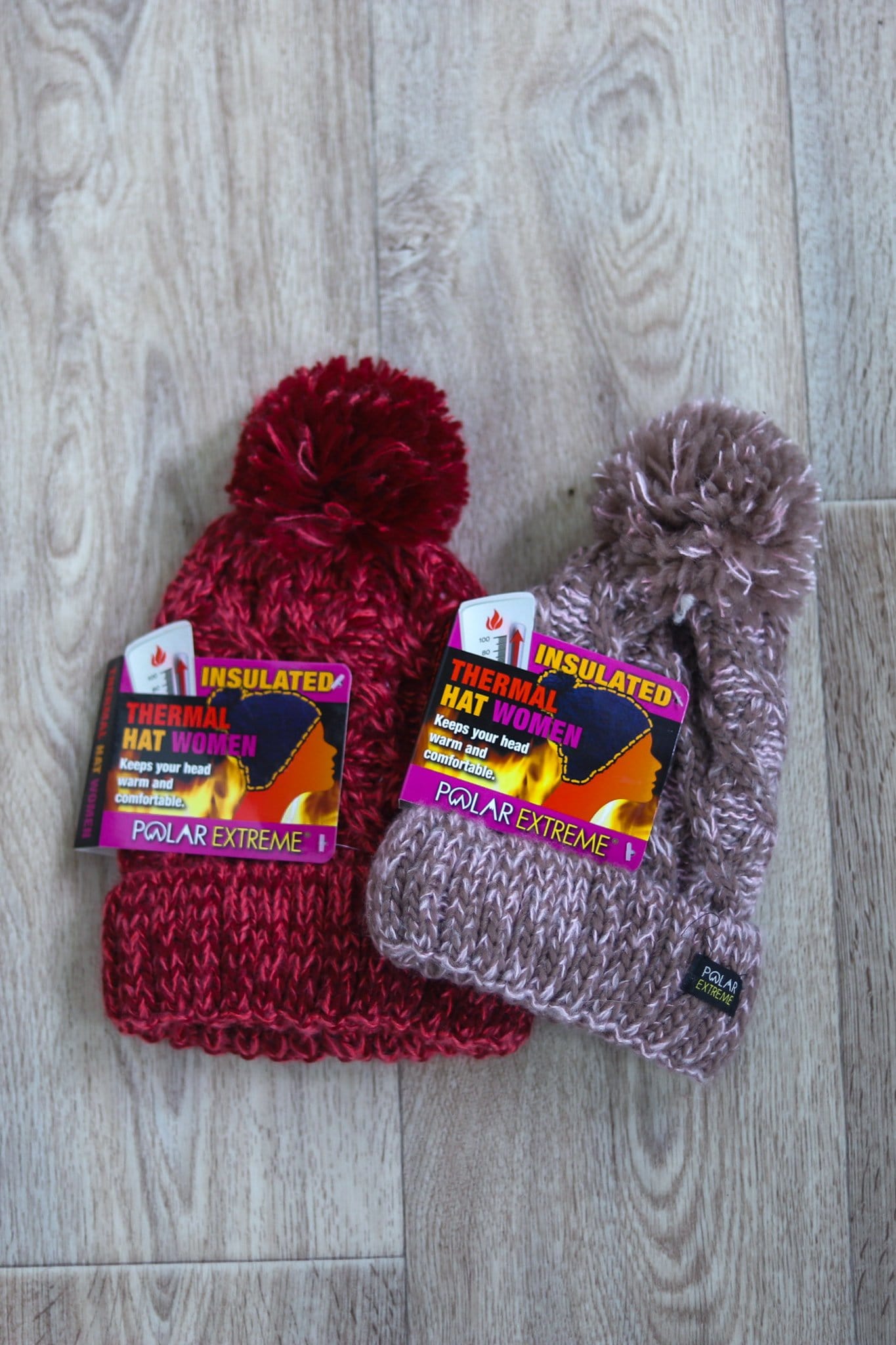 red and mauve pom hat