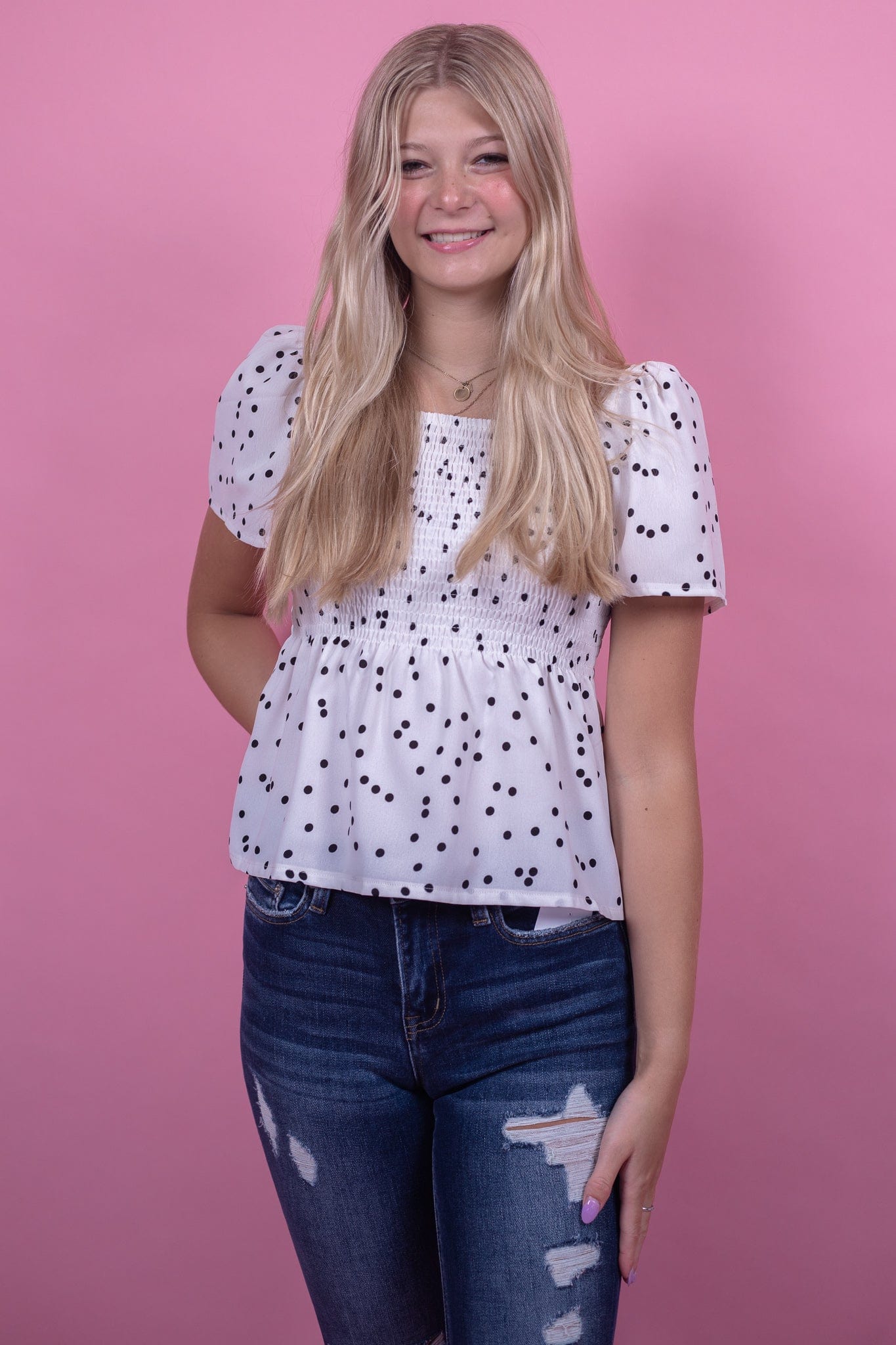 White Smocked Blouse w/Black Polka Dots