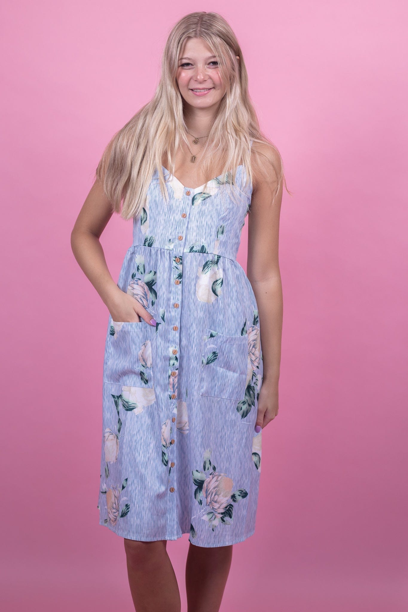 Blue Stripe & Floral Button Front Dress