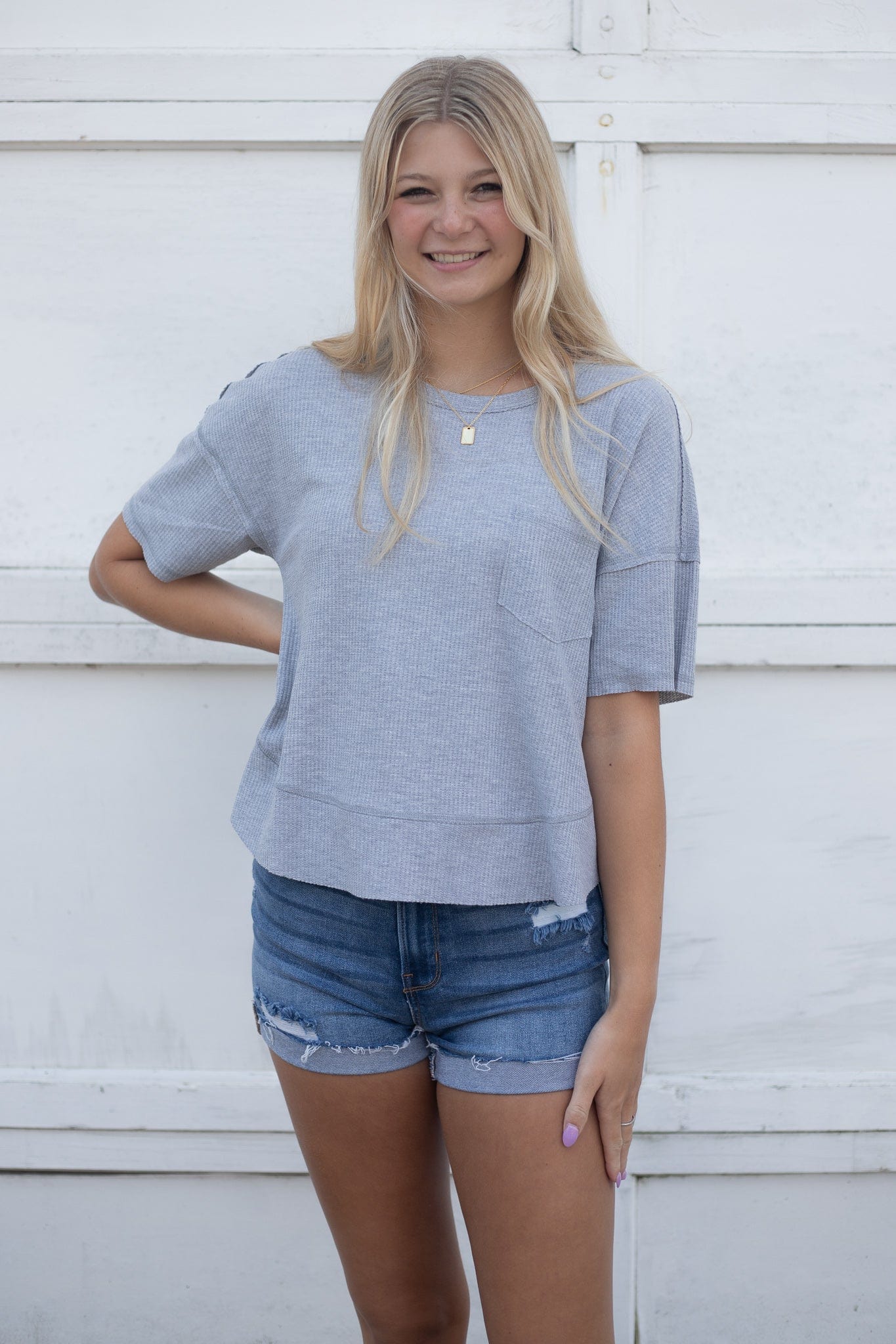 Grey Waffle Knit Cross Back Top