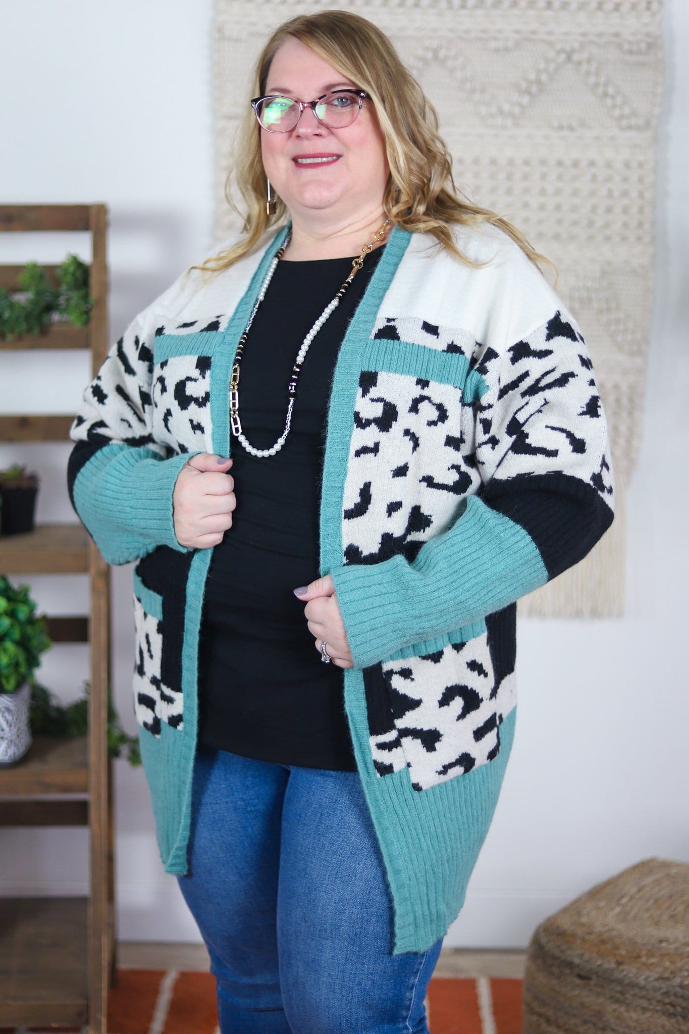 Seafoam & Cream Animal Block Open Cardigan