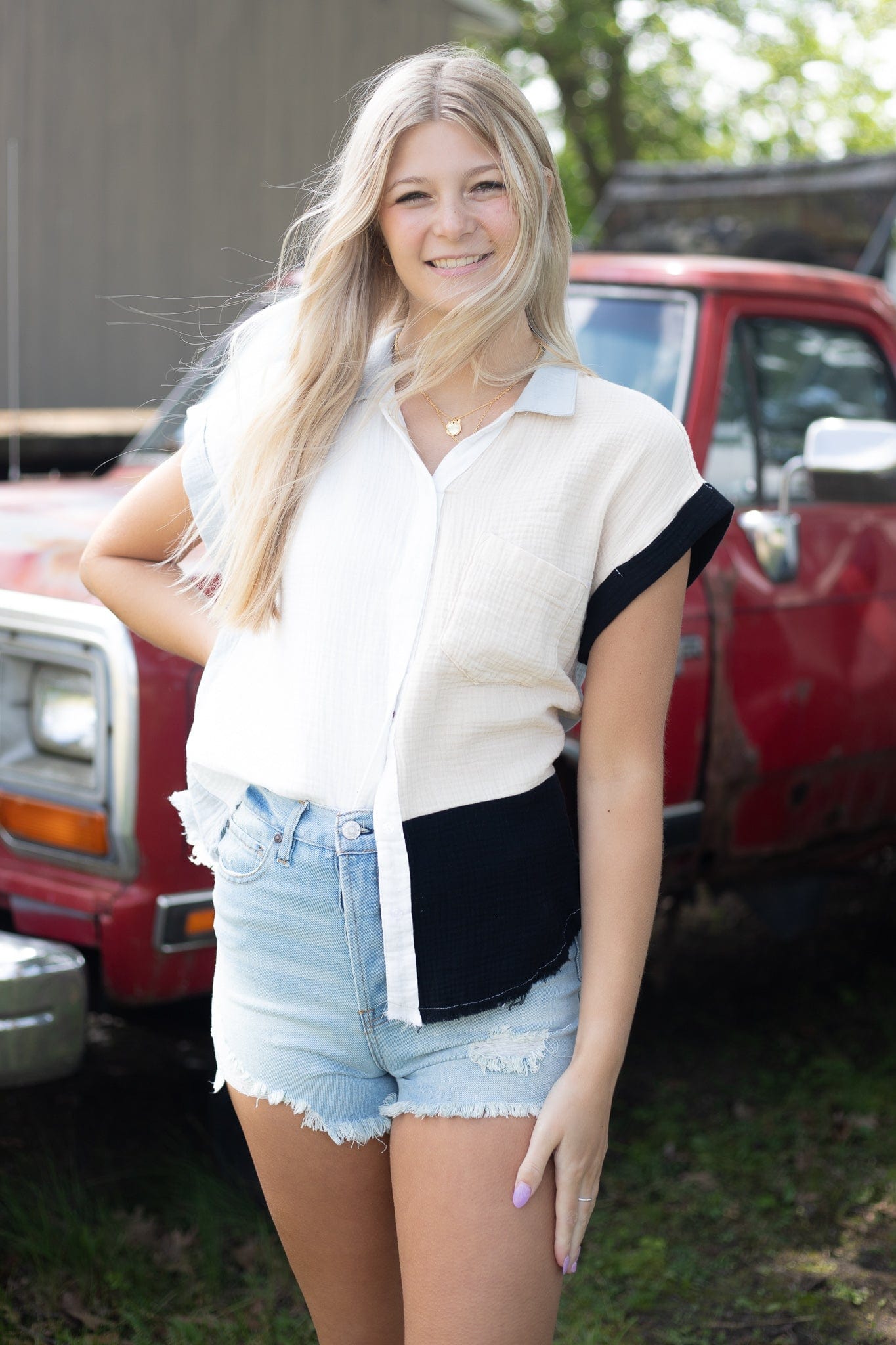 Natural Color Block Gauze Button Up Top
