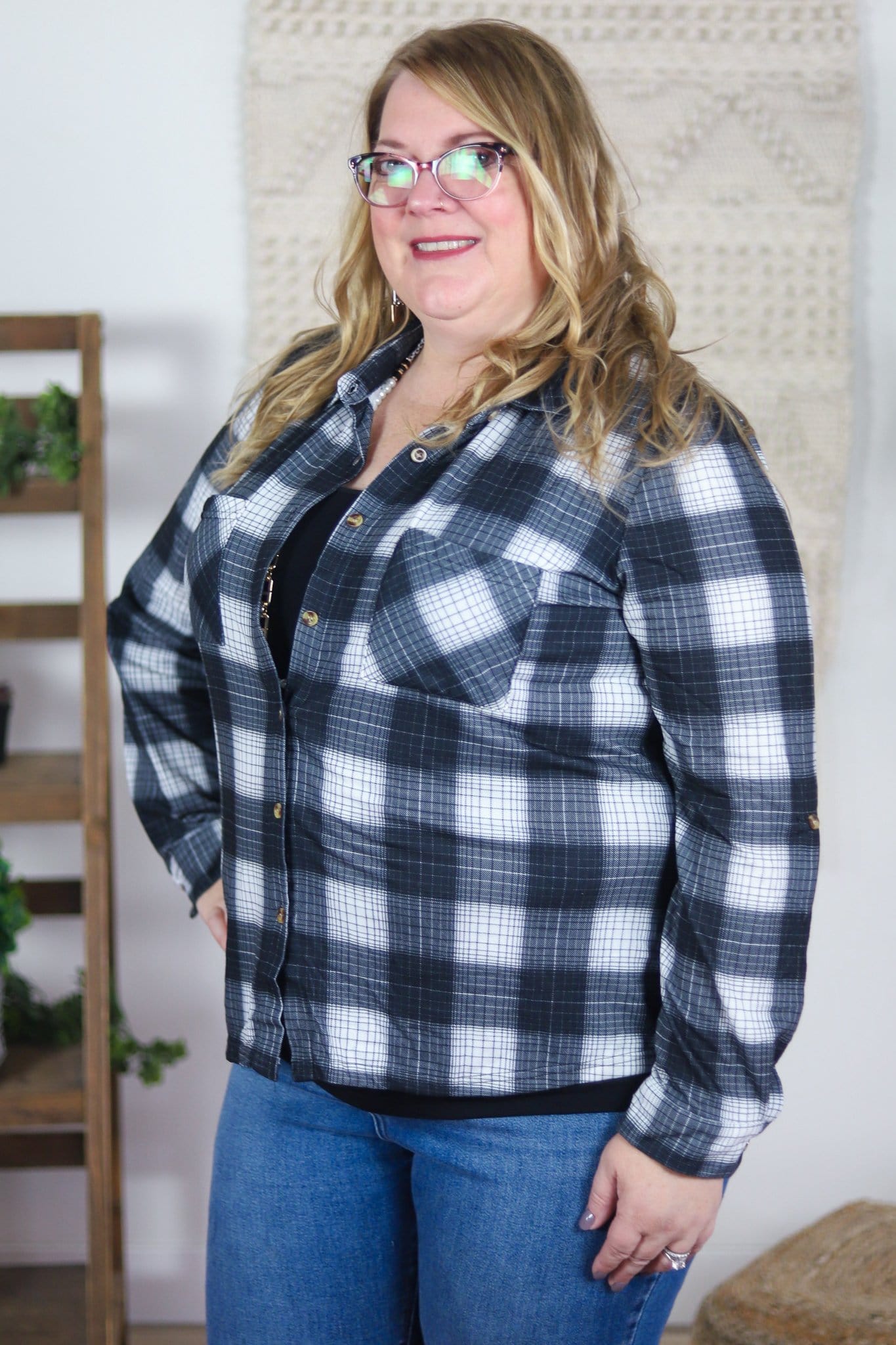 Black Plaid Button Down Top