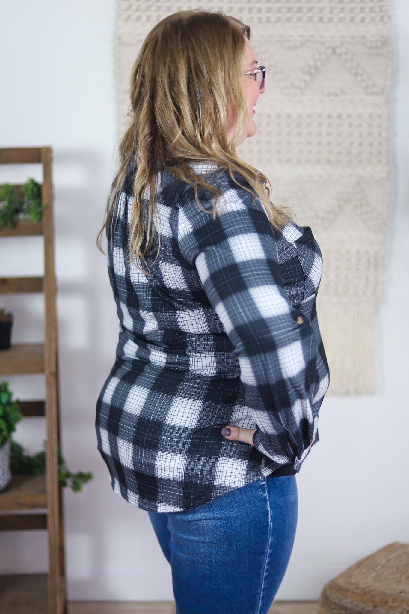 Black Plaid Button Down Top