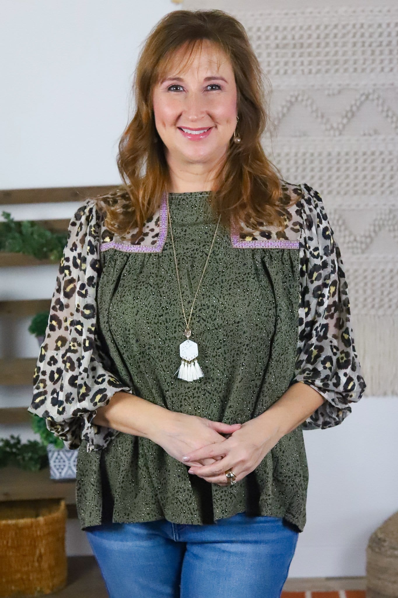 Olive Leopard Contrast Blouse