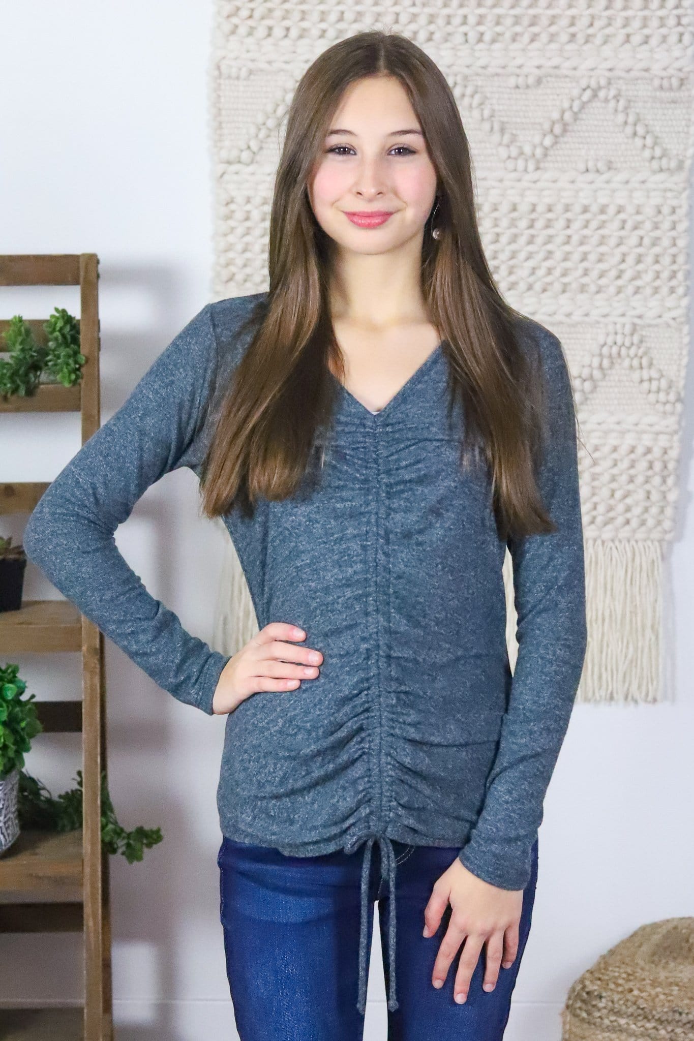 Grey Brushed Knit Drawstring Top