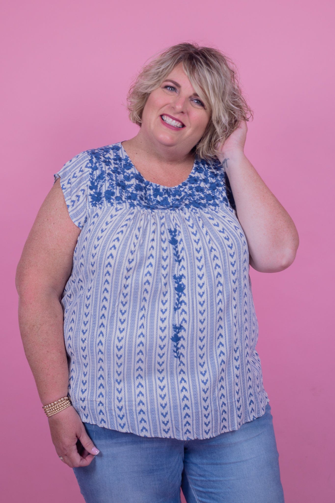 Blue Floral Embroidered Top