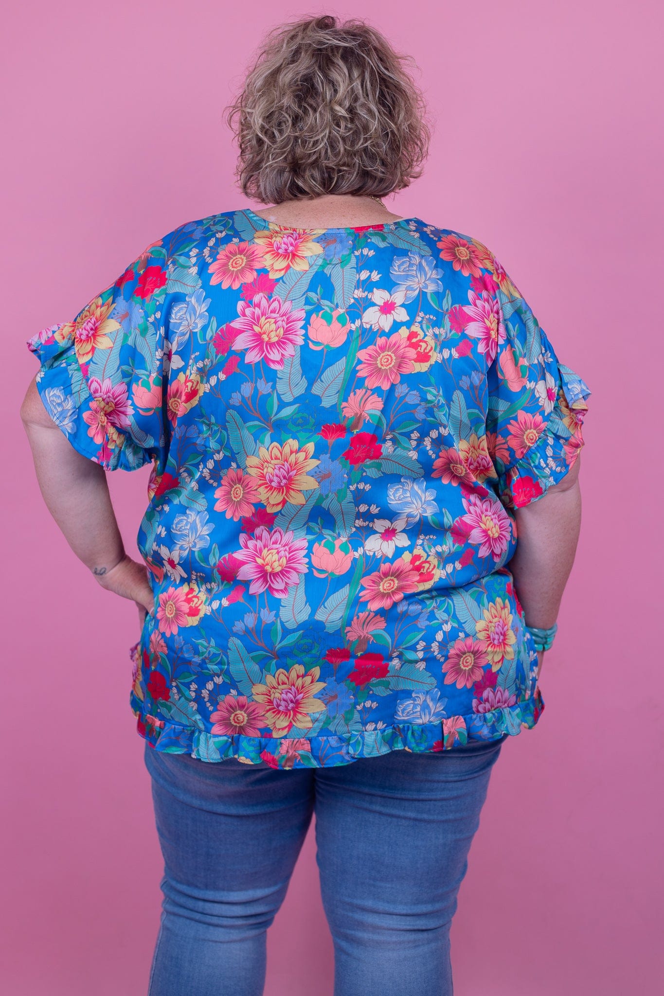 Cobalt Floral Ruffle Hem Blouse