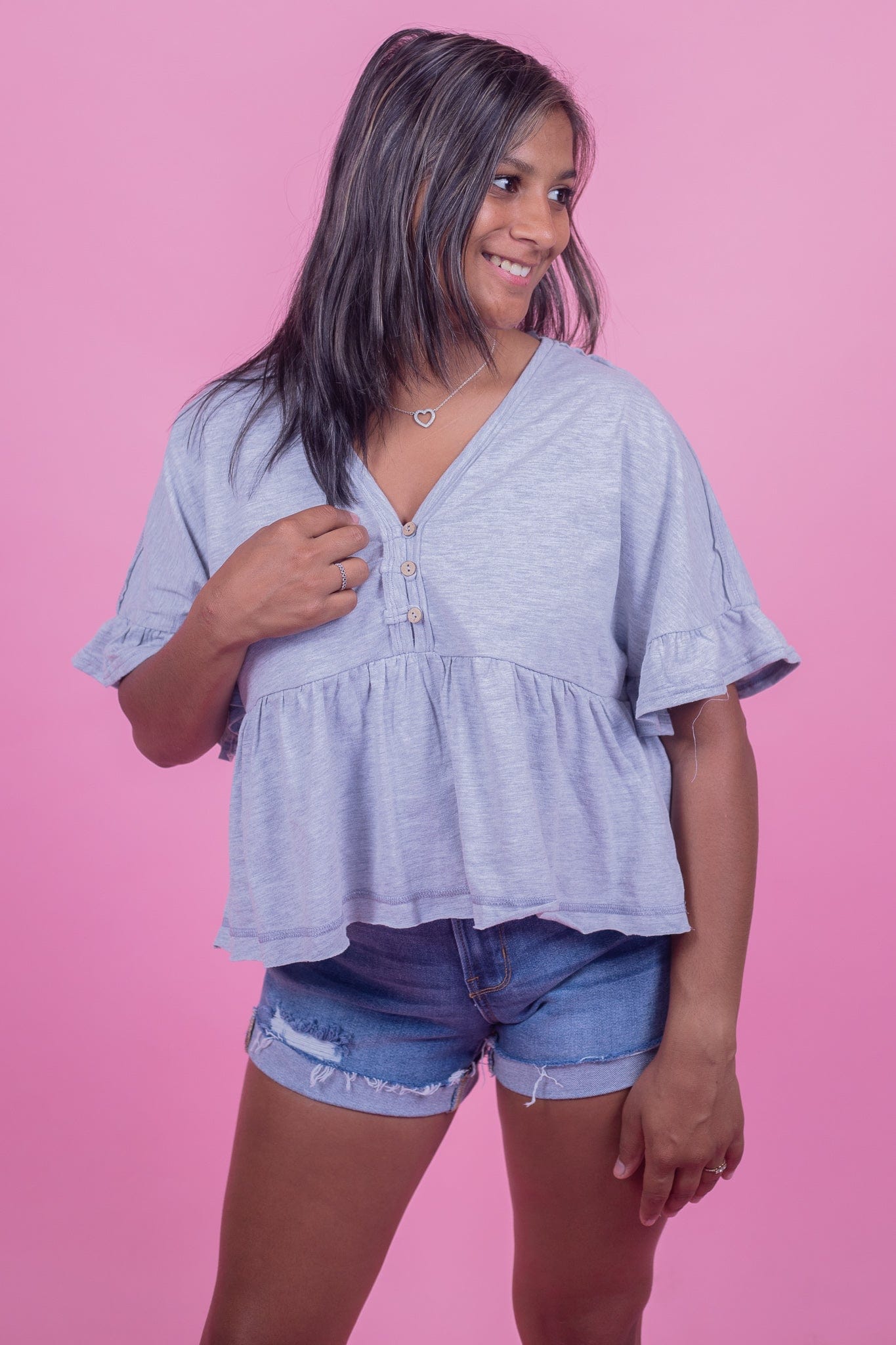 Grey Crop Babydoll Knit Top