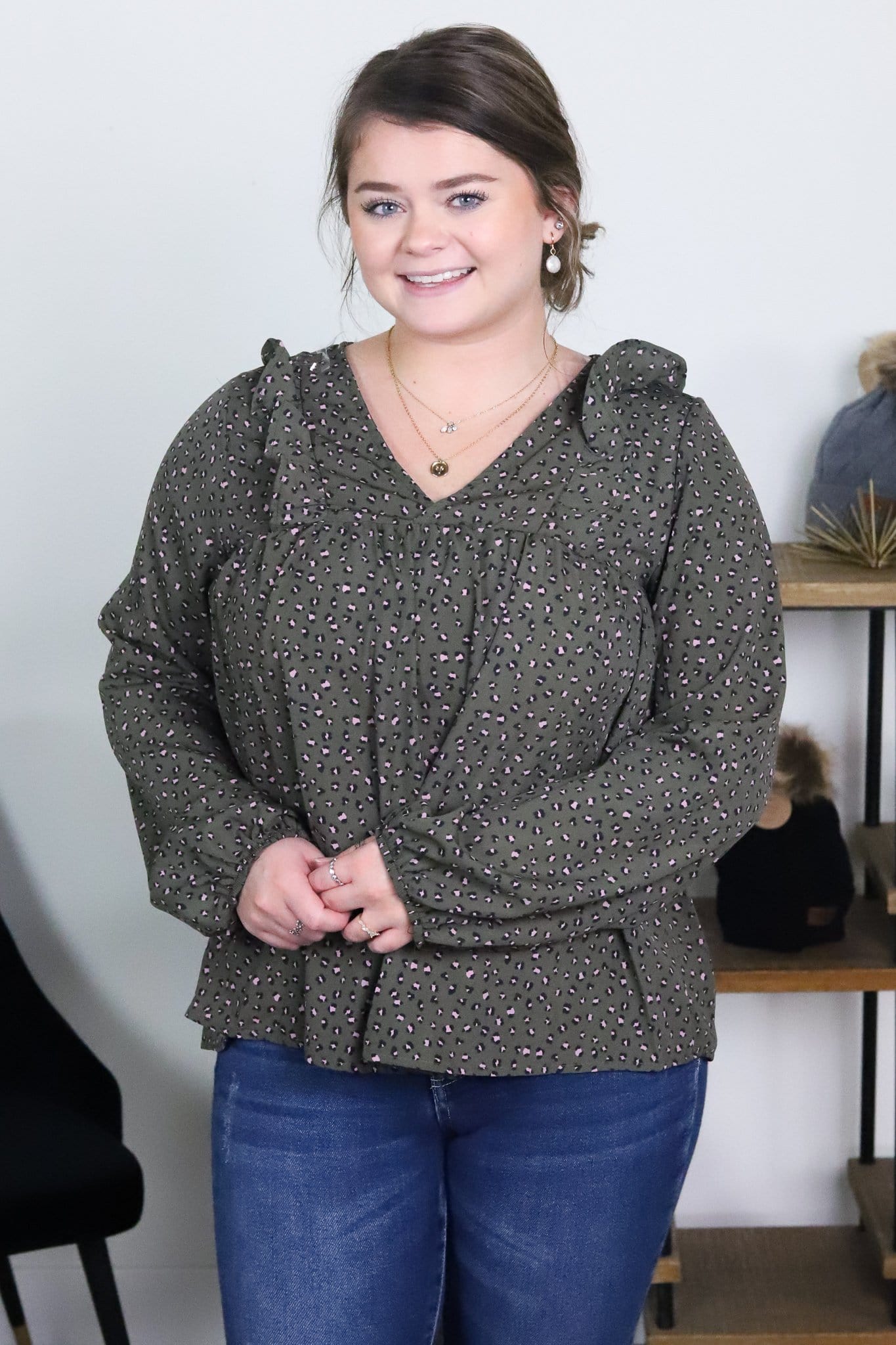 Olive Leopard V-Neck Blouse