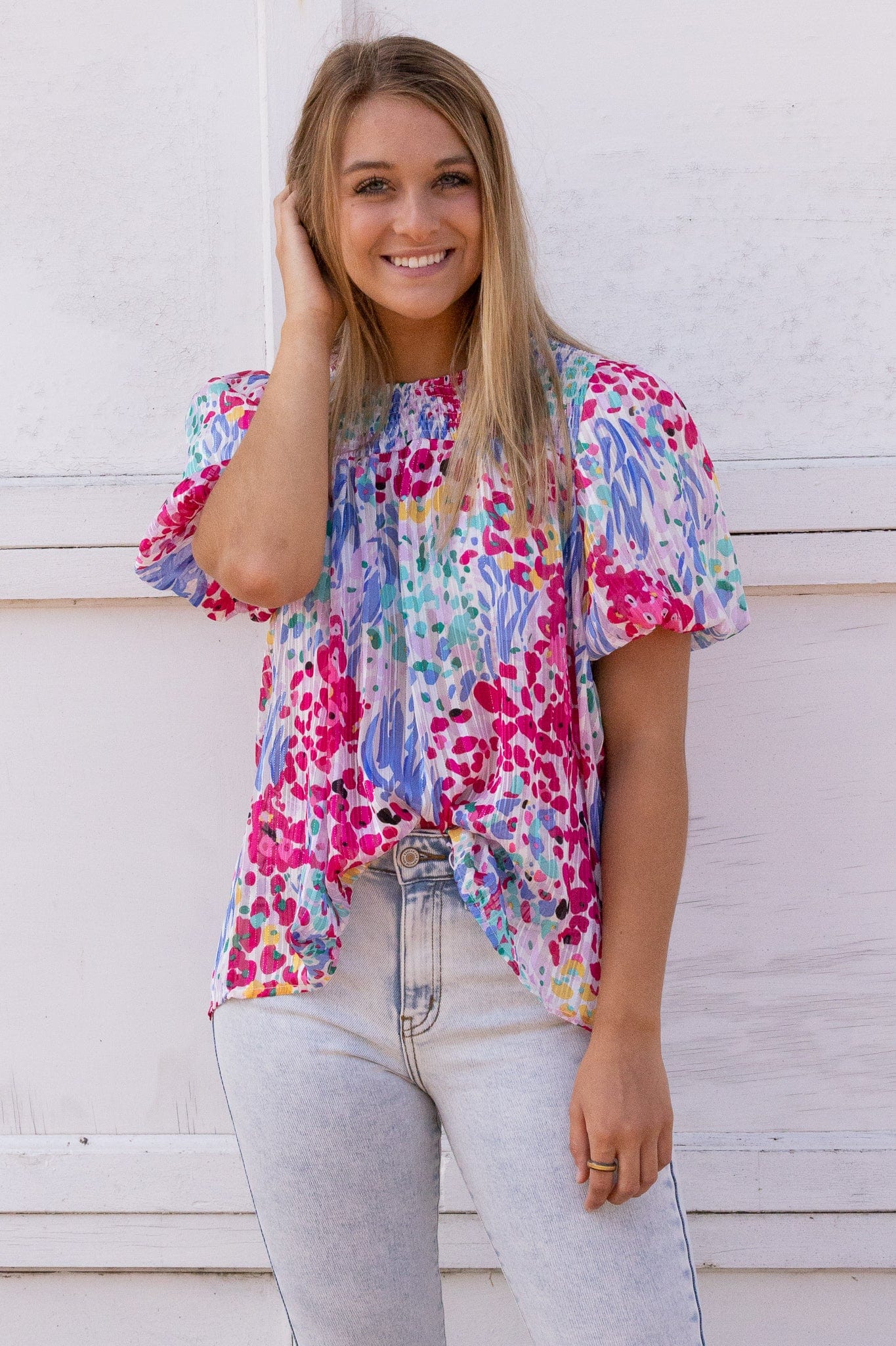 Metallic Print Puff Sleeve Smocked Top