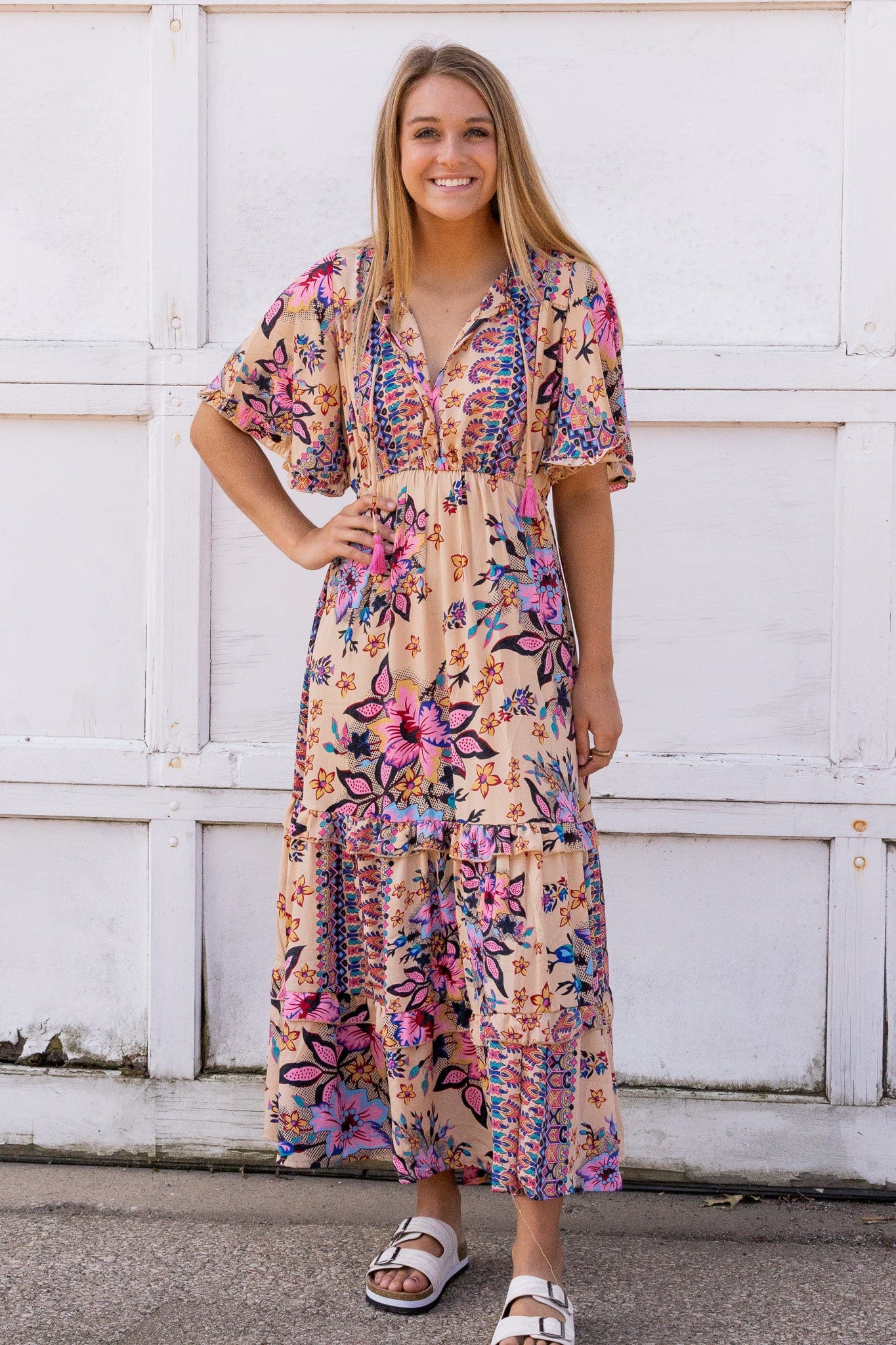 Flowery Shimmer Ruffle Sleeve Maxi Dress