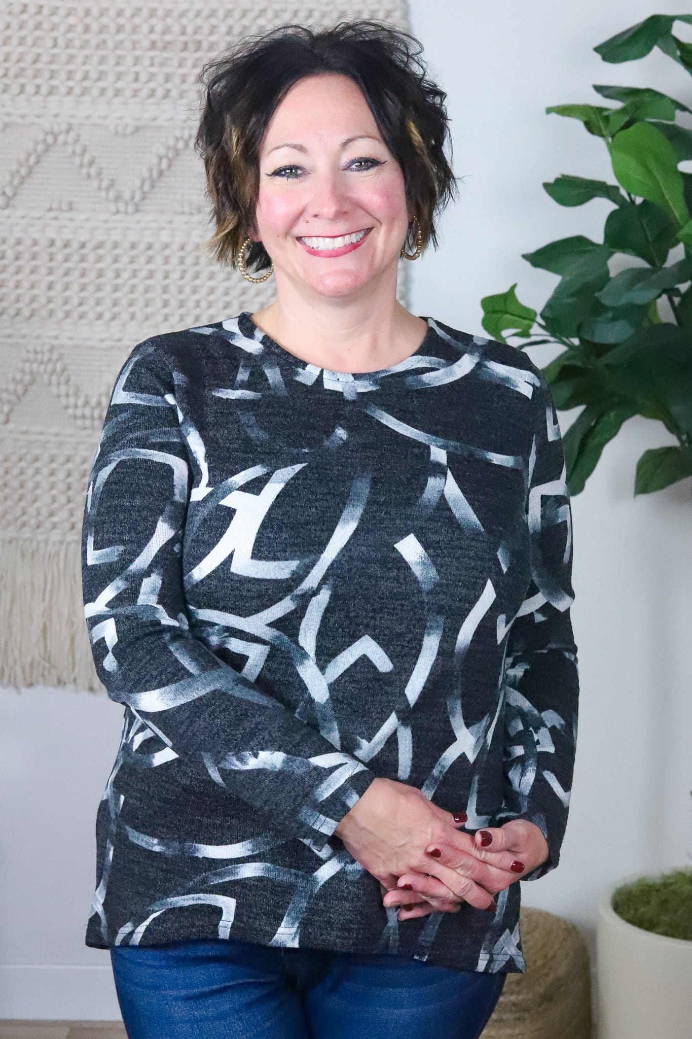 Black & Gray Printed Knit Top