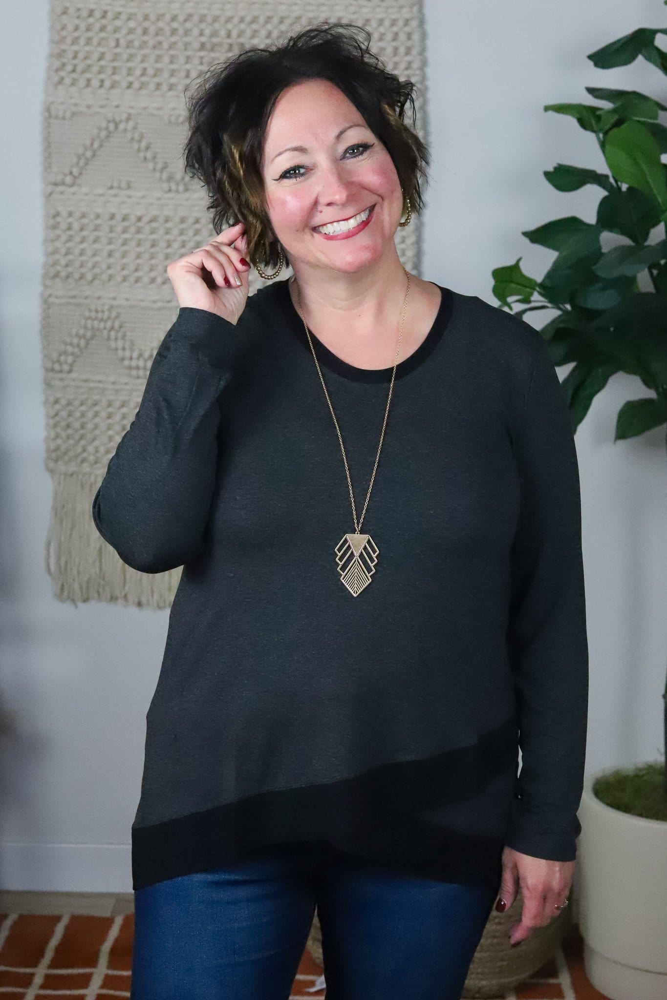 Long Sleeve Sheer Cross Over Hem Top