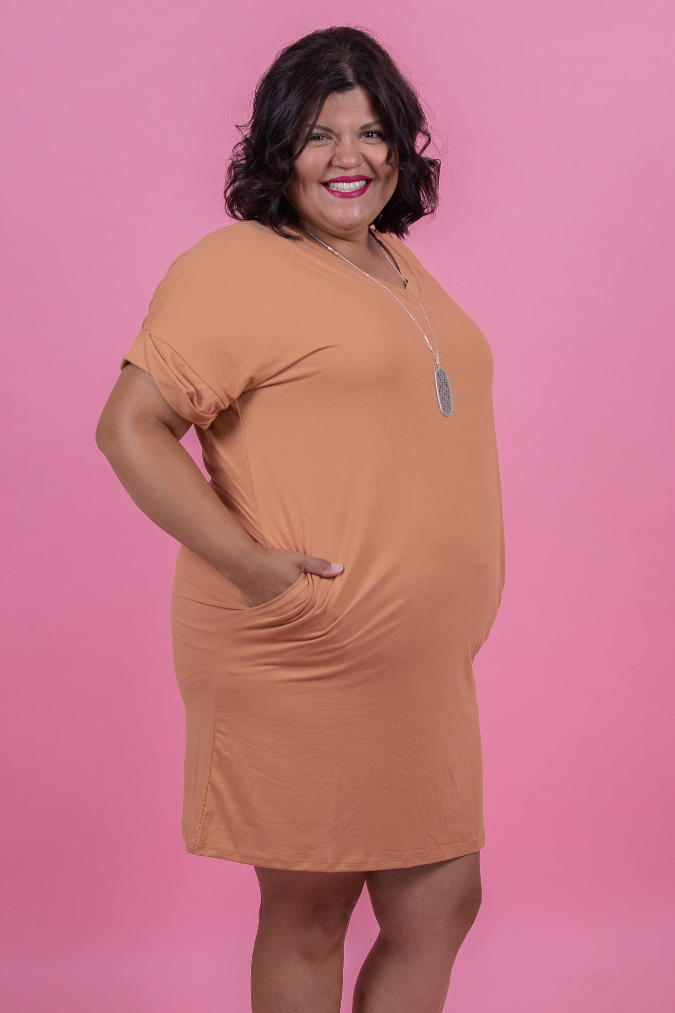 Butter Orange Rolled Sleeve Vneck Dress