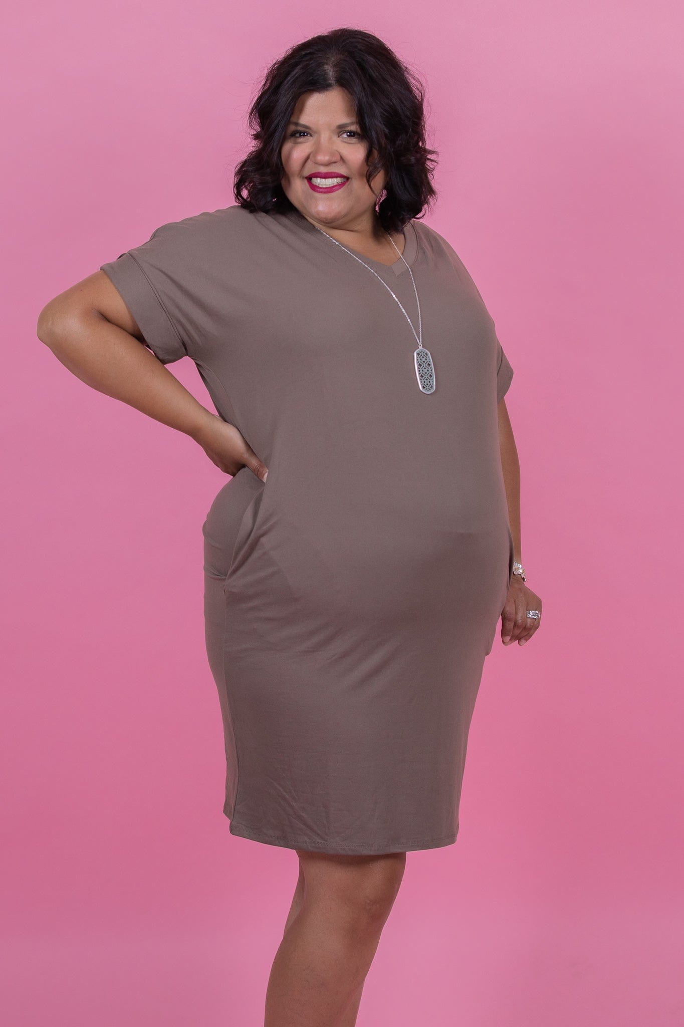 Mocha Rolled Sleeve Vneck Dress