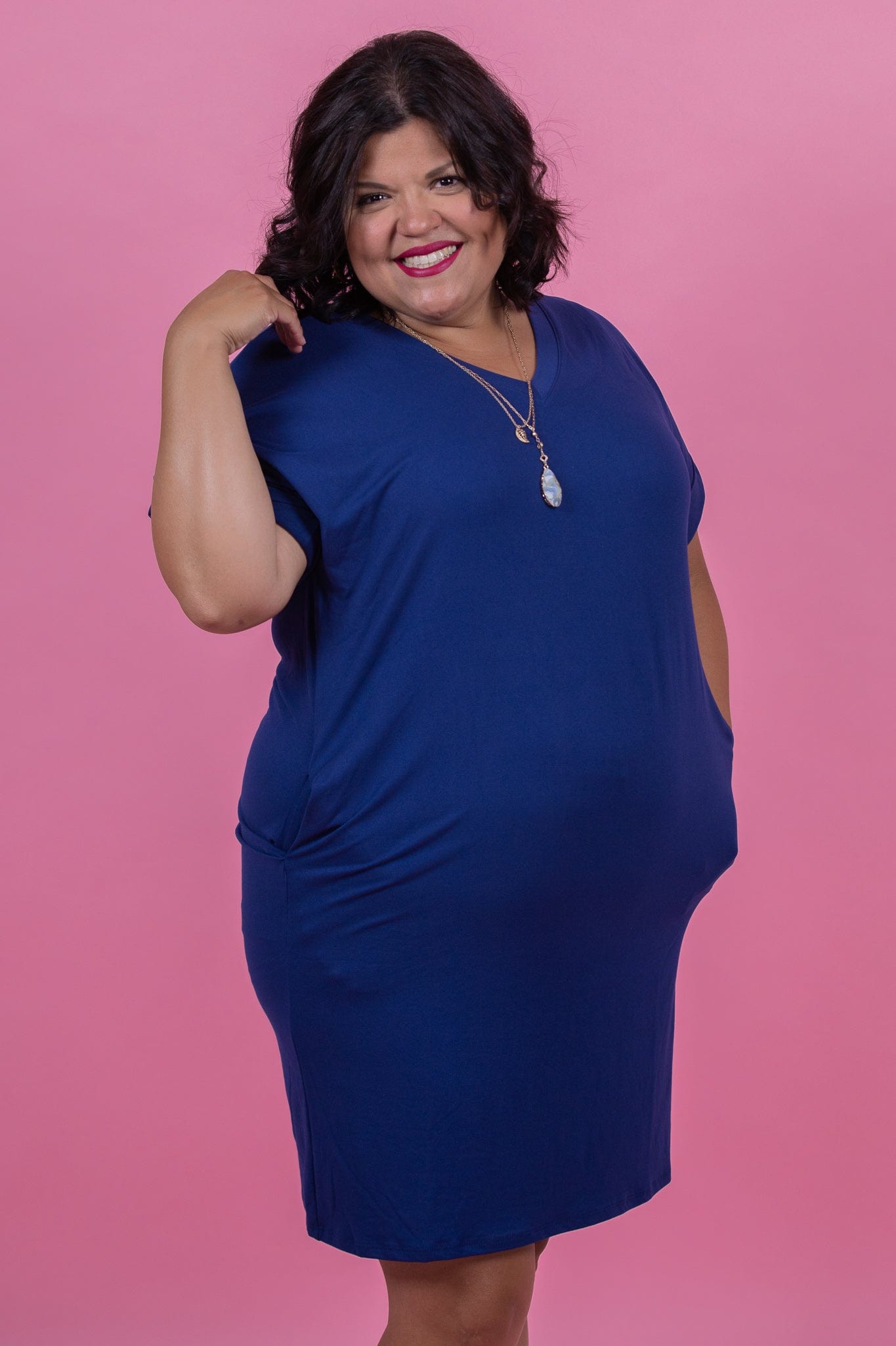 Light Navy Rolled Sleeve Vneck Dress