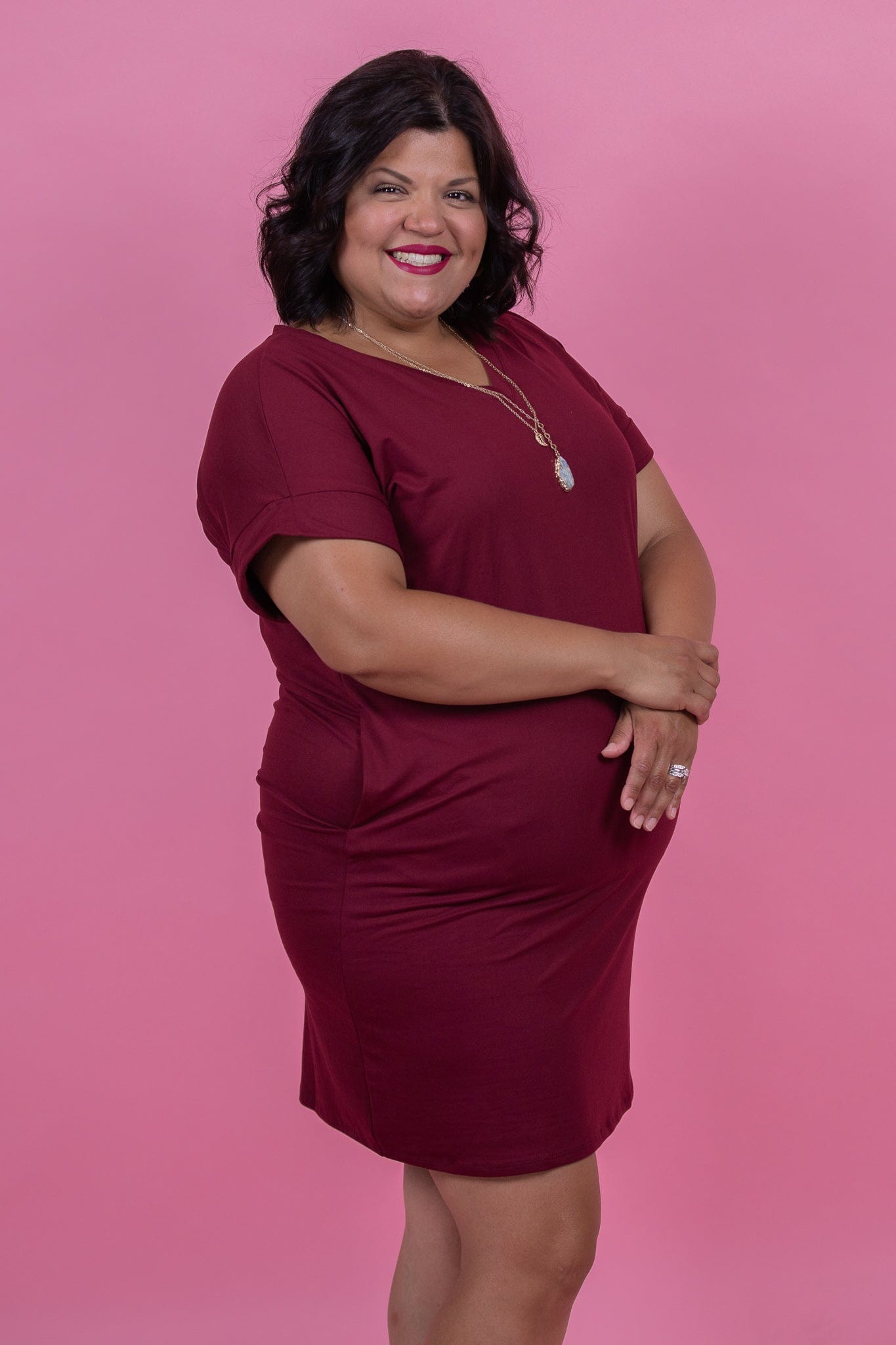 Burgundy Rolled Sleeve Vneck Dress