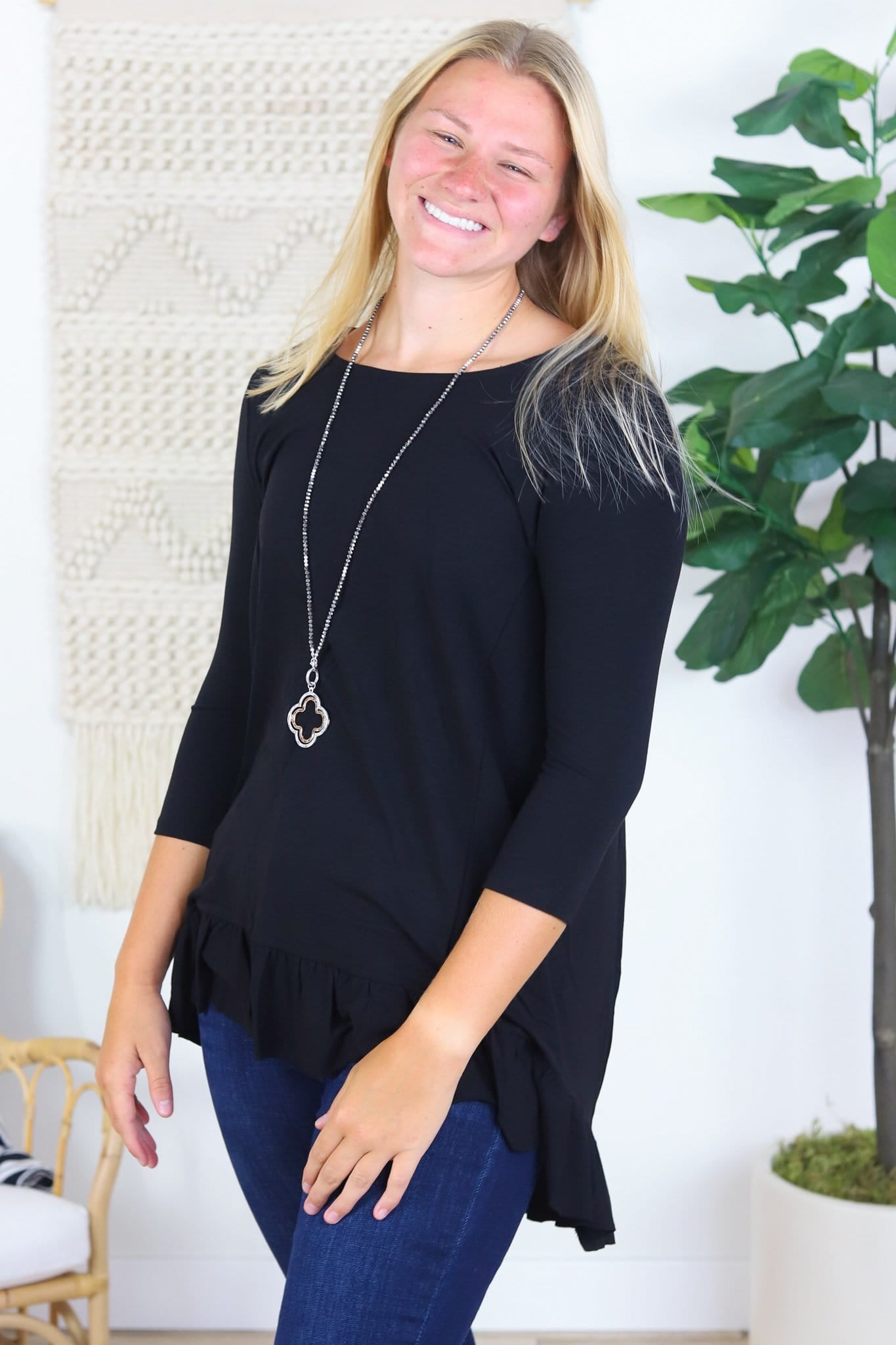 3/4 Sleeve Ruffle Hem Top