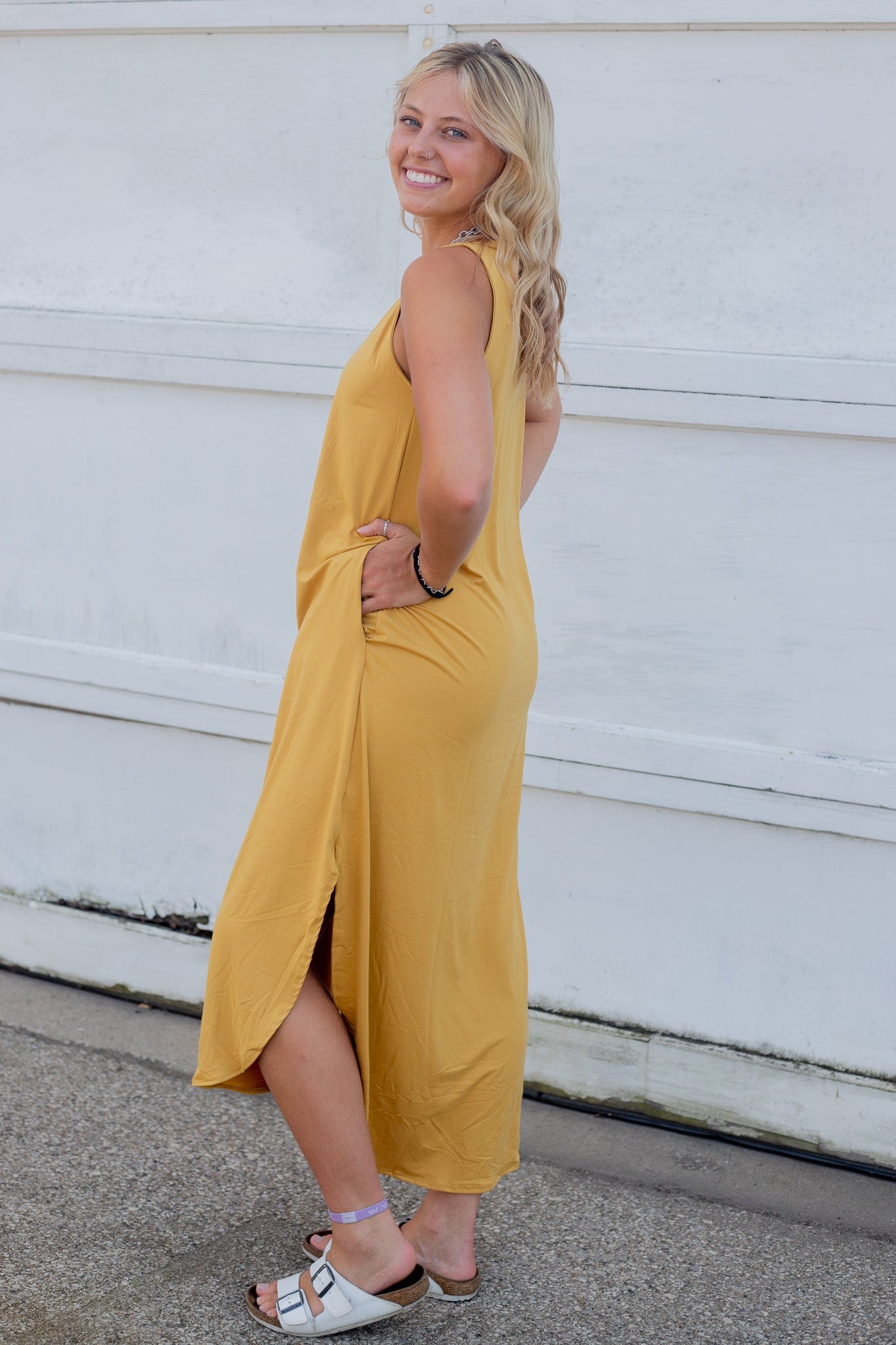 Light Mustard Side Slit Pocket Dress