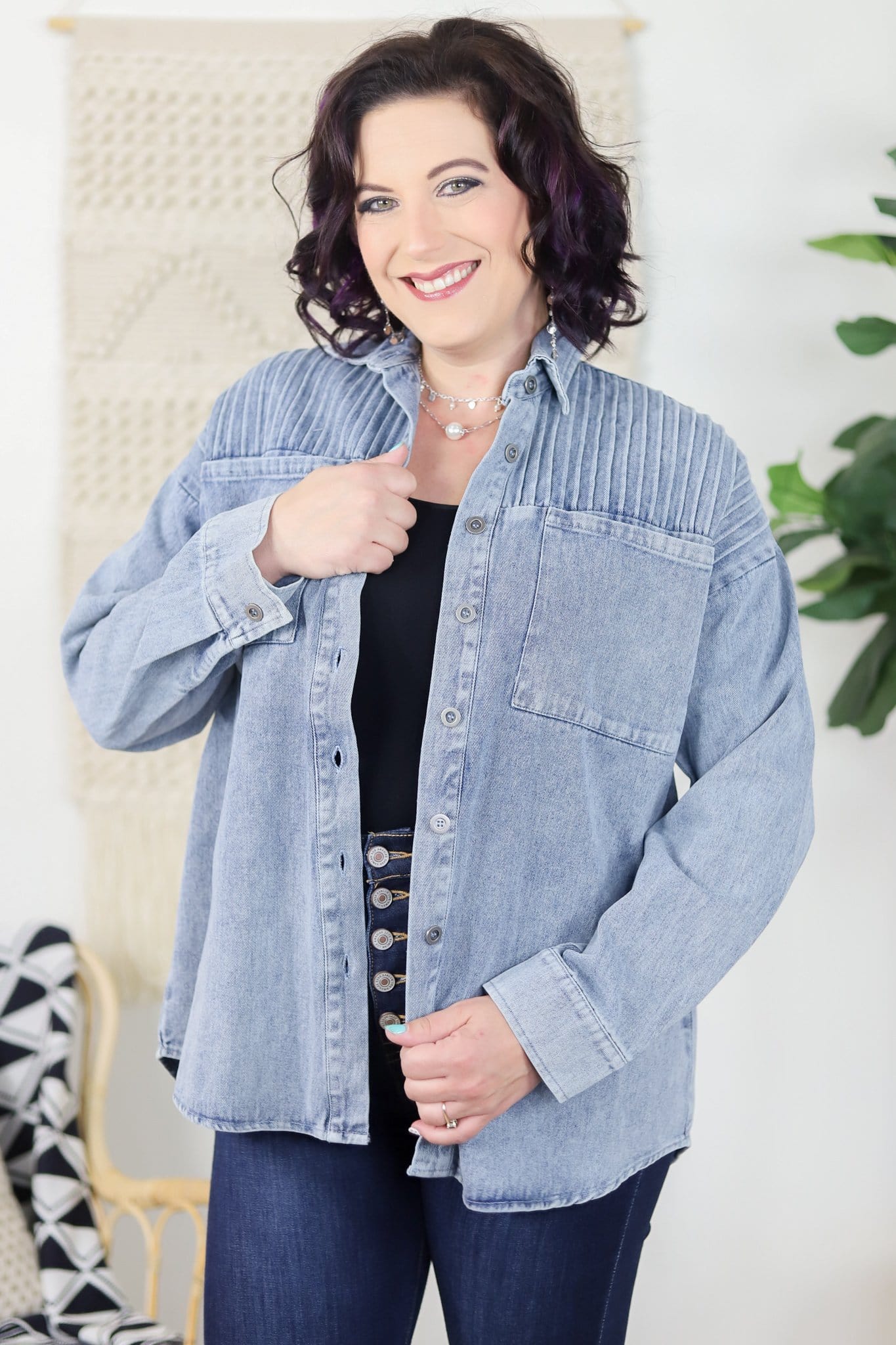 Pintuck Detailed Denim Shacket