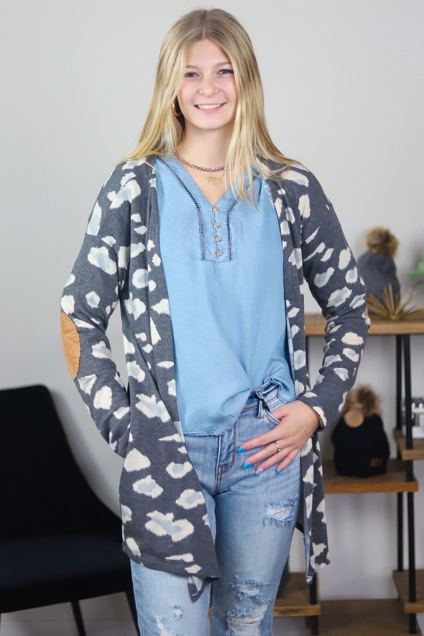 Gray Leopard Suede Patch Cardigan