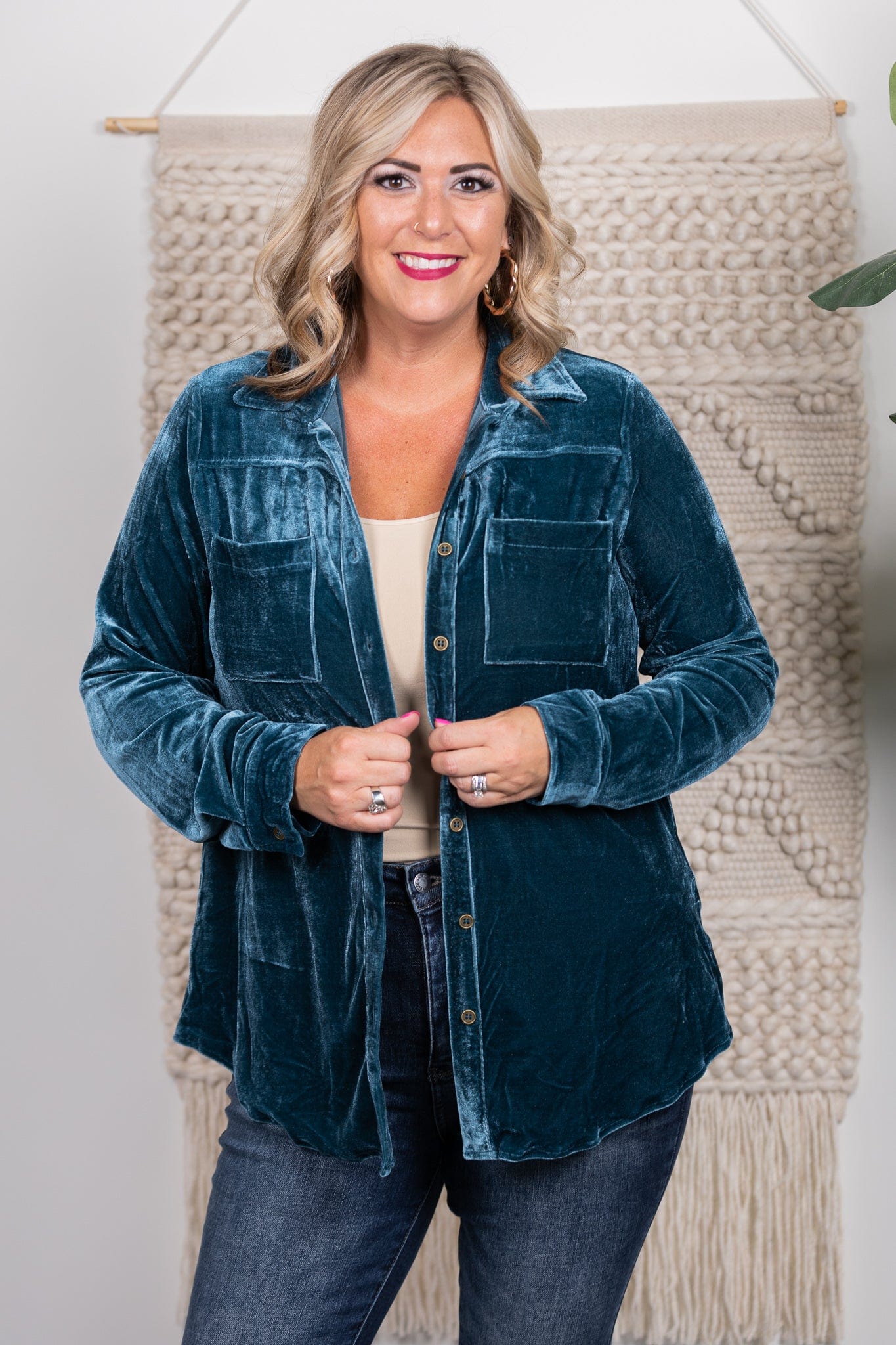 Peacock Velvet Button Up
