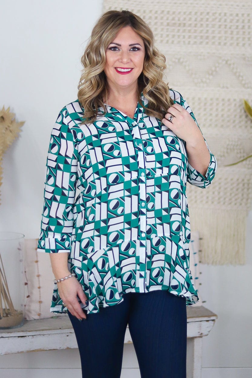 Kelly Green Geo Ruffle Blouse