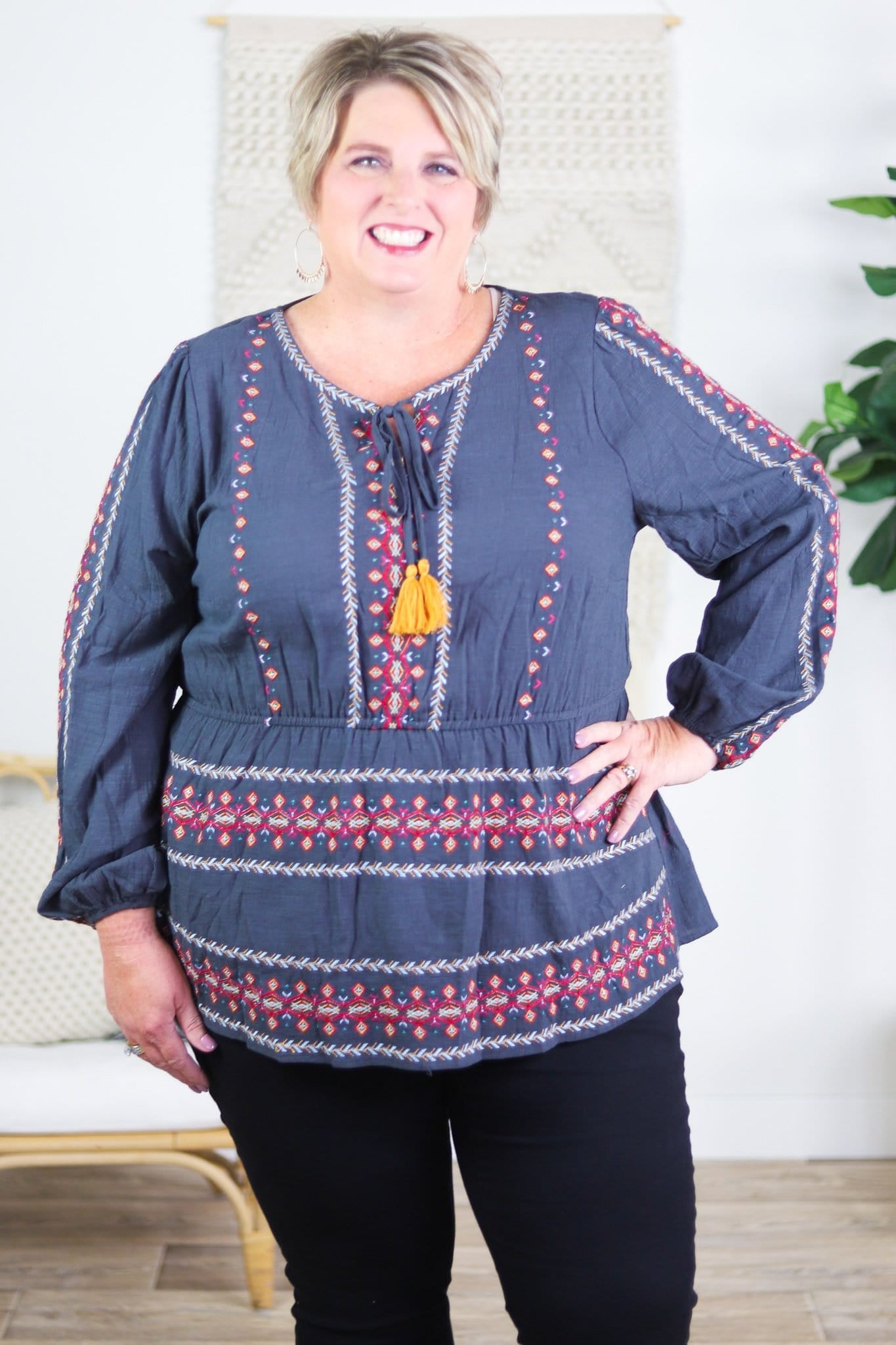 Embroidered Charcoal Babydoll Top Savanna Jane